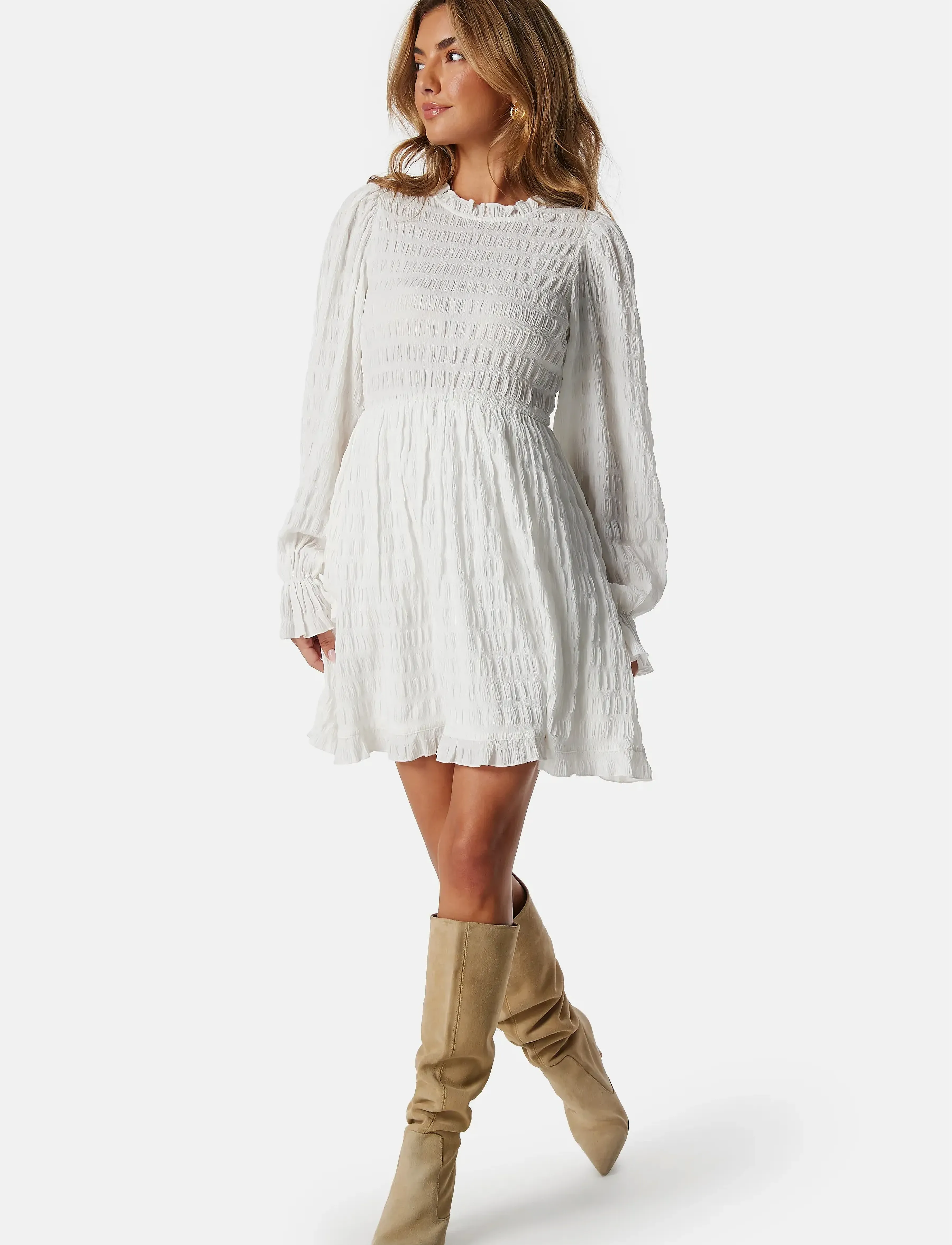 Bubbleroom Frill Structured Dress, L, White, Kjoler > Kort Kjole, Dame