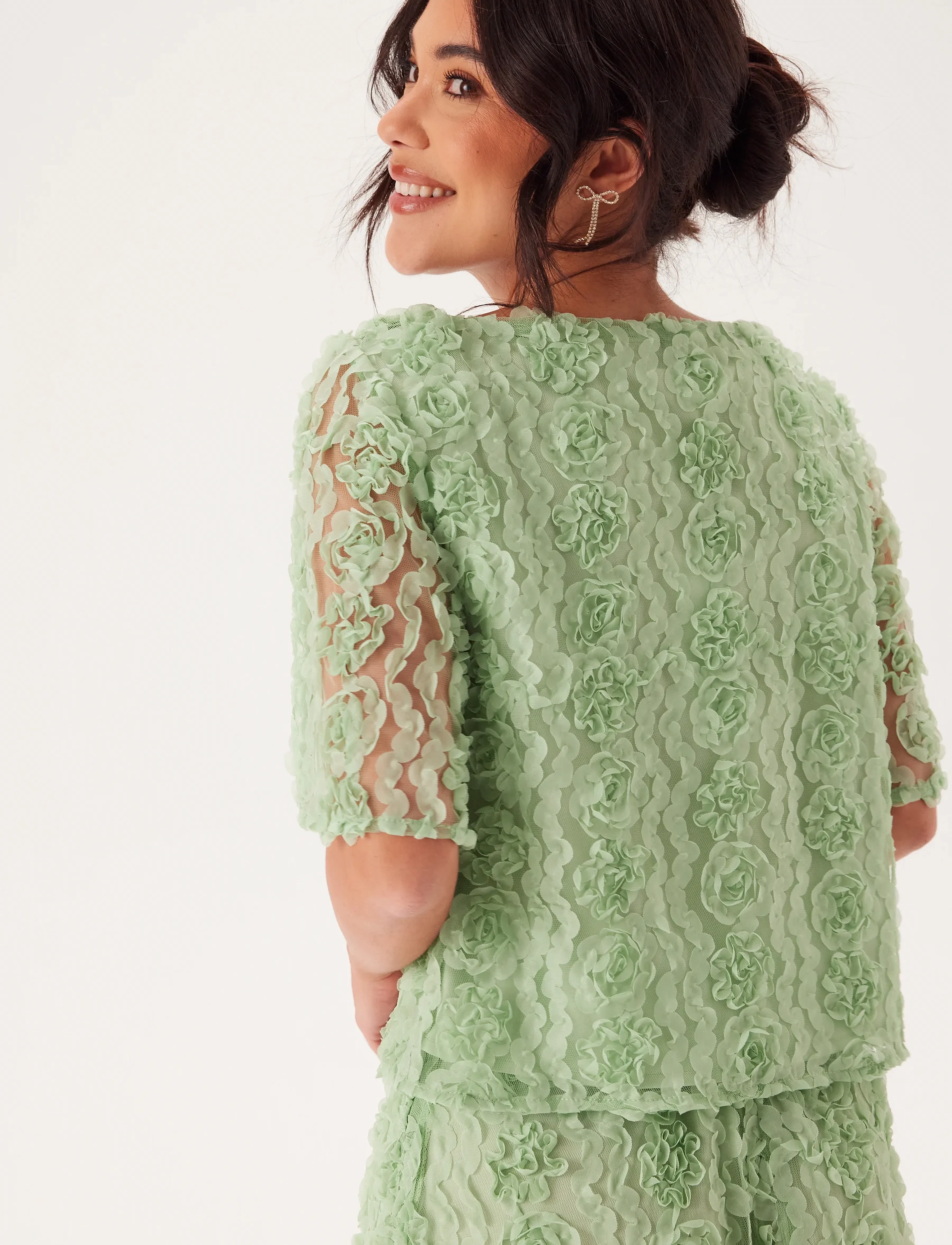 Bubbleroom - 3D Flower Short Sleeve  Blouse - dusty green - 3