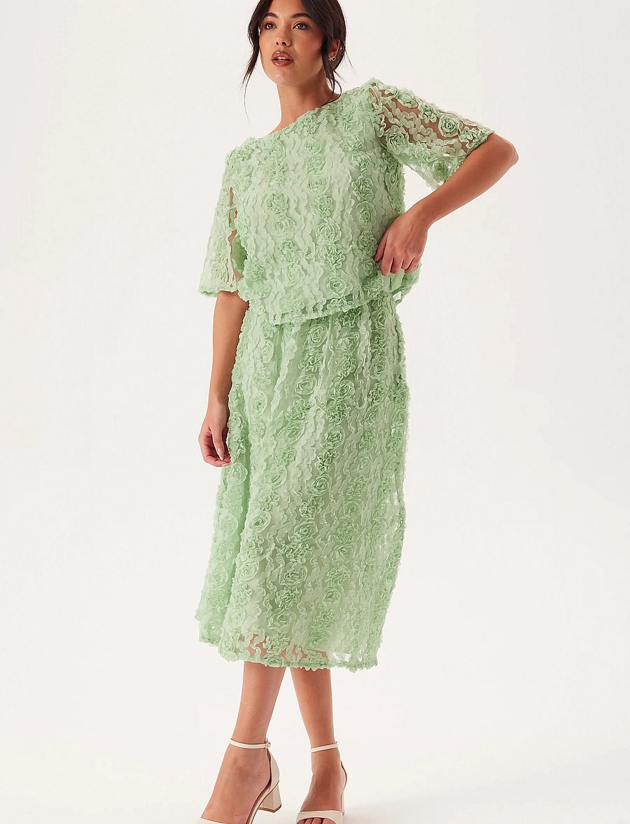 Bubbleroom - 3D Flower Midi Skirt - midiseelikud - dusty green - 4