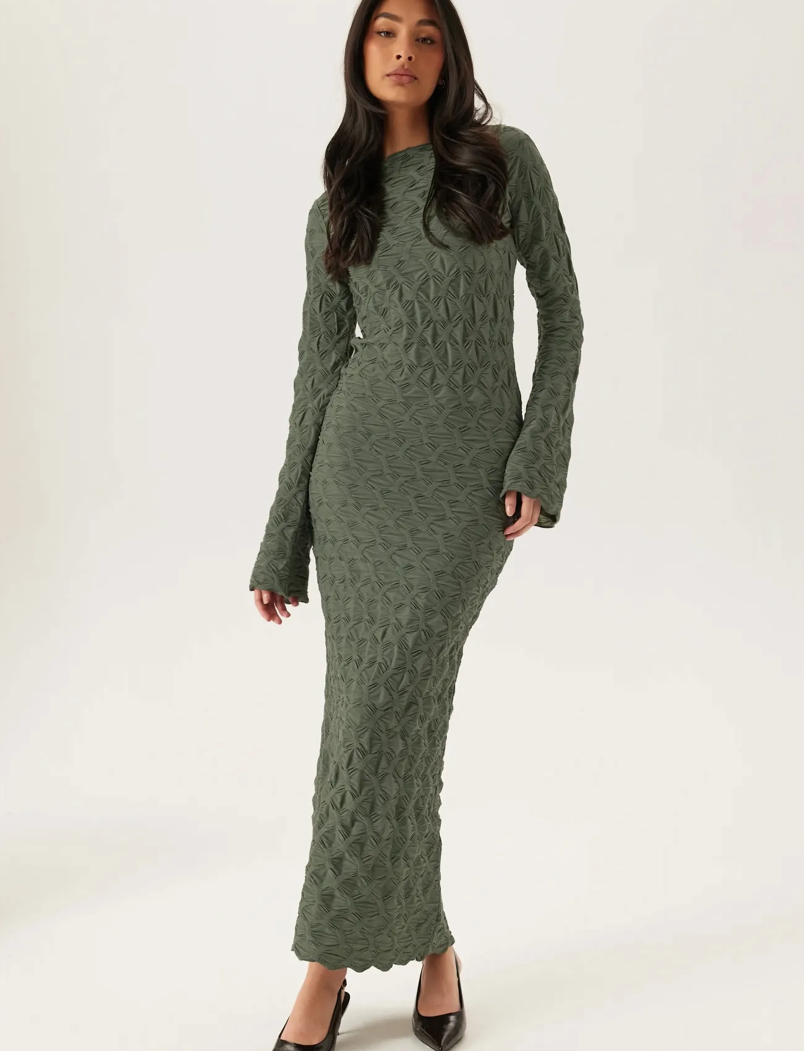 Bubbleroom Structure Long Sleeve Midi Dress - Sukienki - GREEN / khaki/green