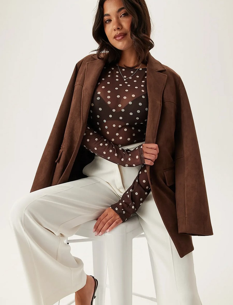 Bubbleroom - Long Sleeve Mesh Top - långärmade toppar - brown/cream - 0