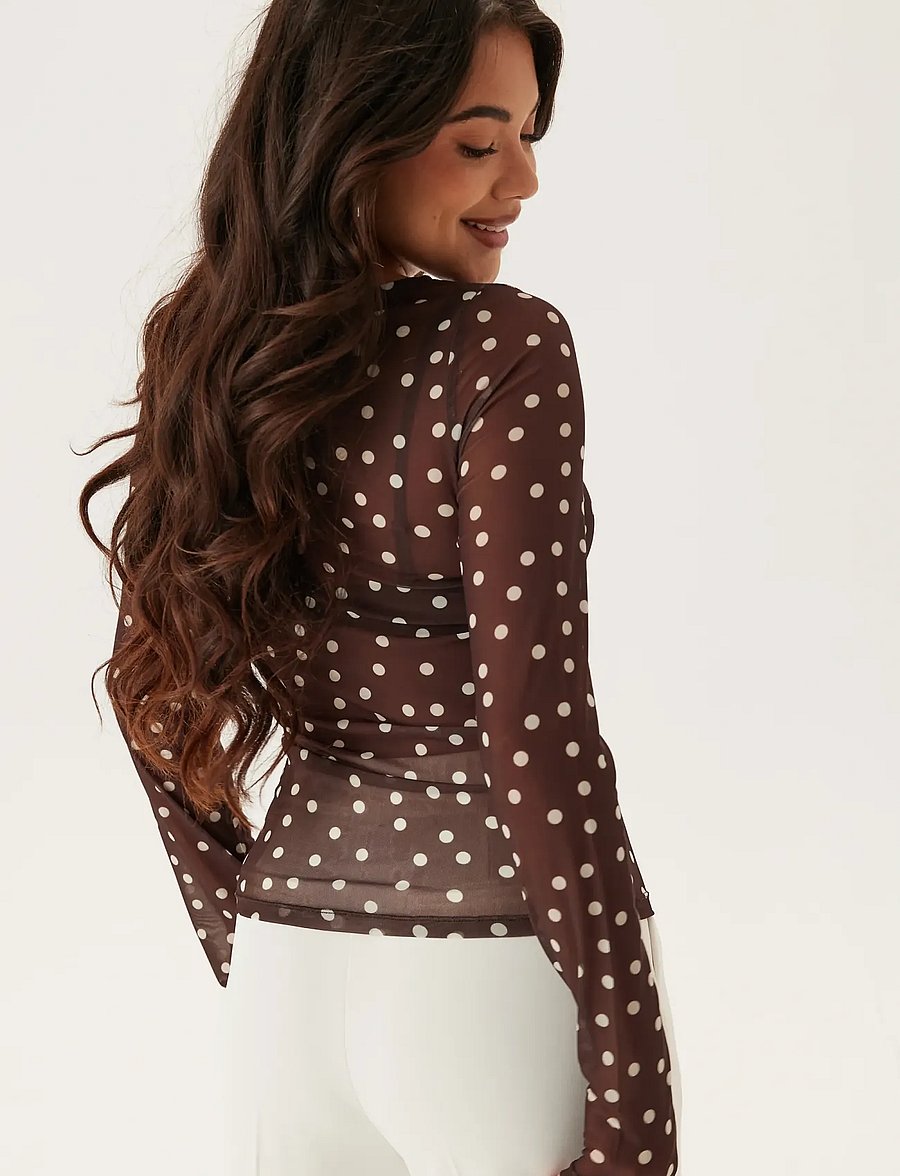 Bubbleroom - Long Sleeve Mesh Top - långärmade toppar - brown/cream - 3
