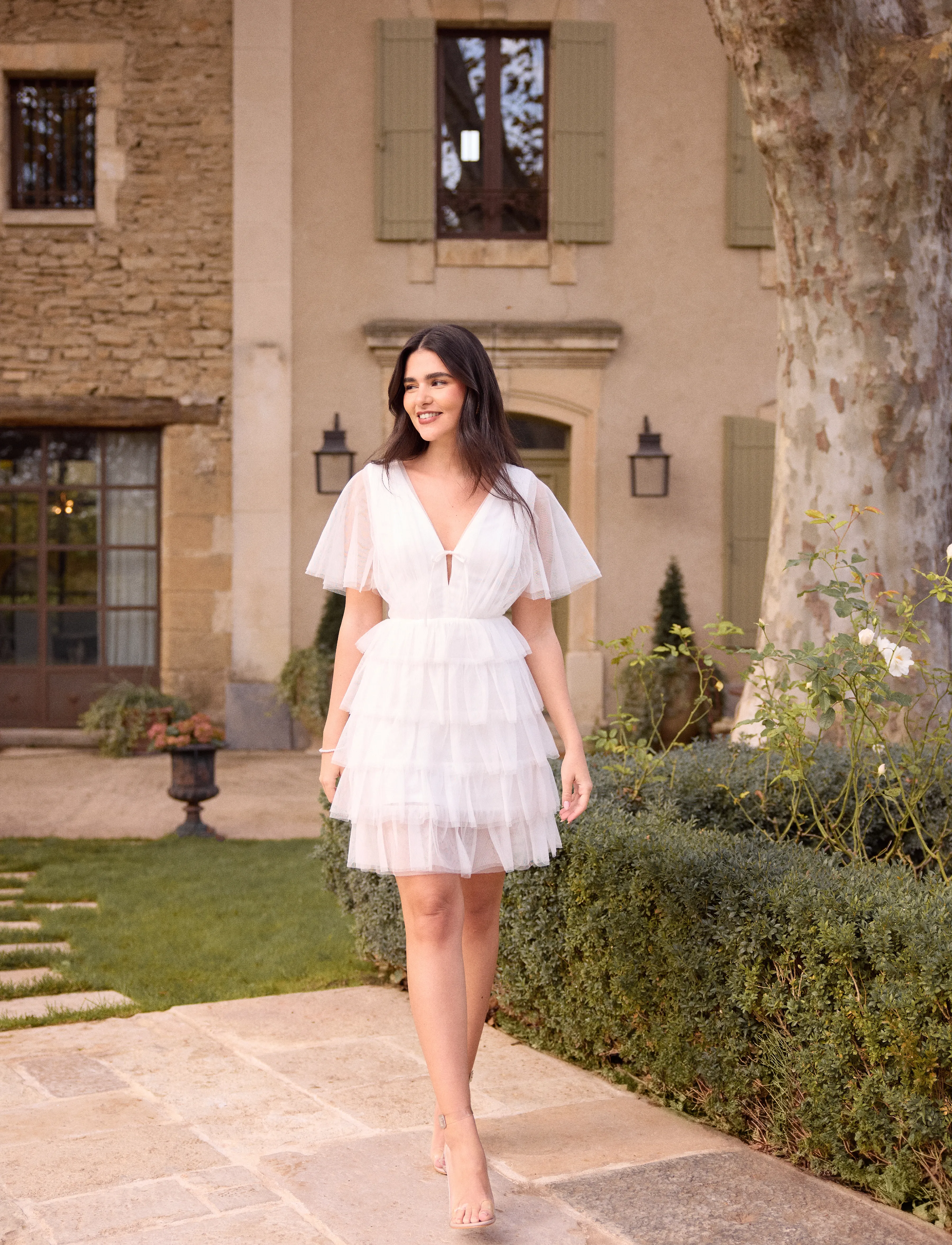 Bubbleroom - Deep V-neck Tulle Dress - konfirmatsioon - white - 4