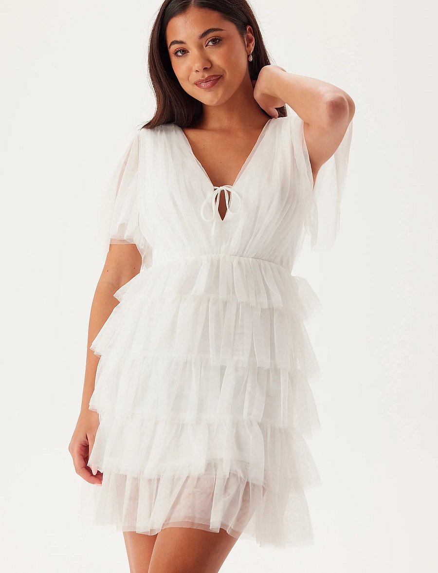 Bubbleroom - Deep V-neck Tulle Dress - konfirmatsioon - white - 5