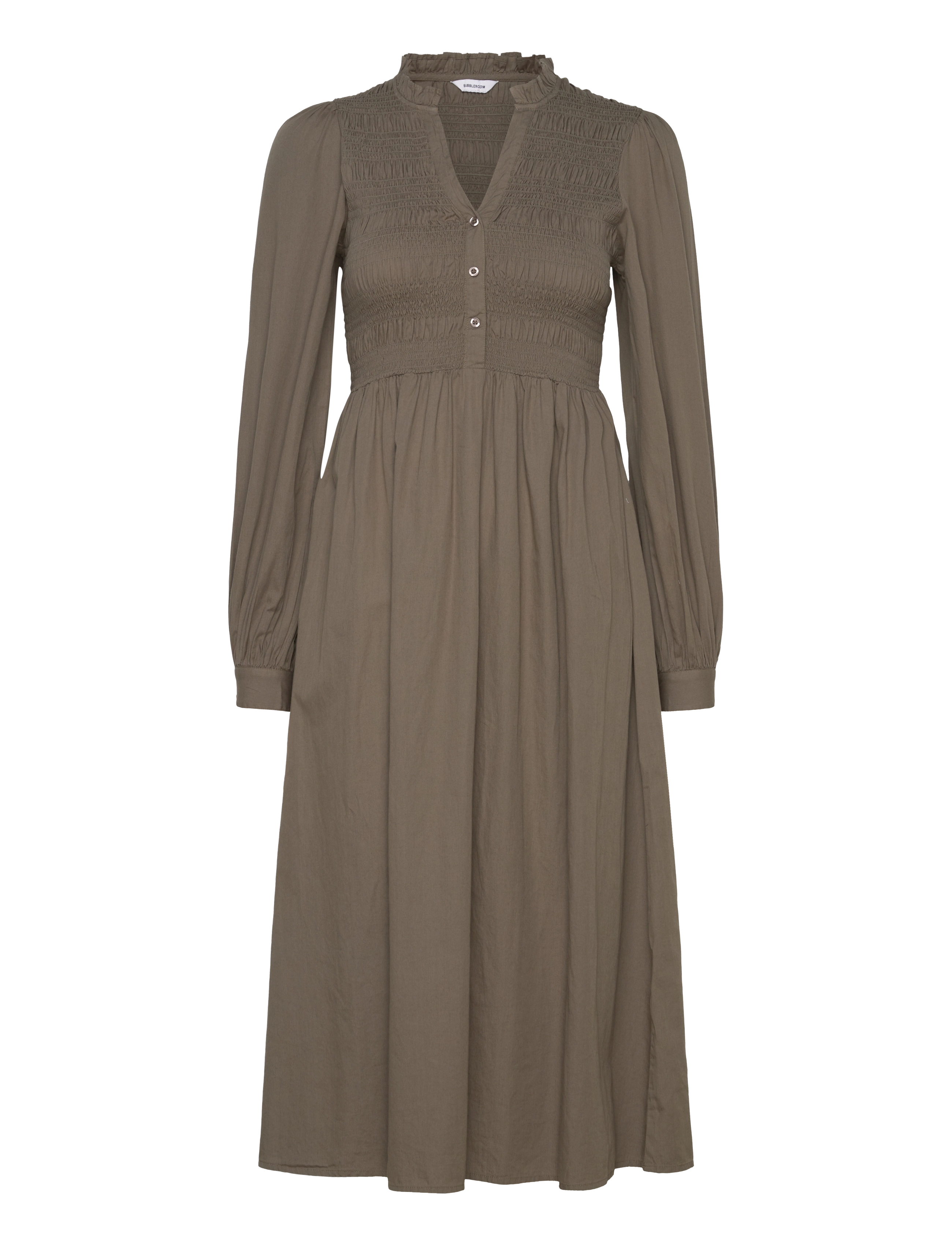 Bubbleroom V-Neck Cotton Smock Dress, XS, Dresses, Braun - Knee-length & Midi, Frauen