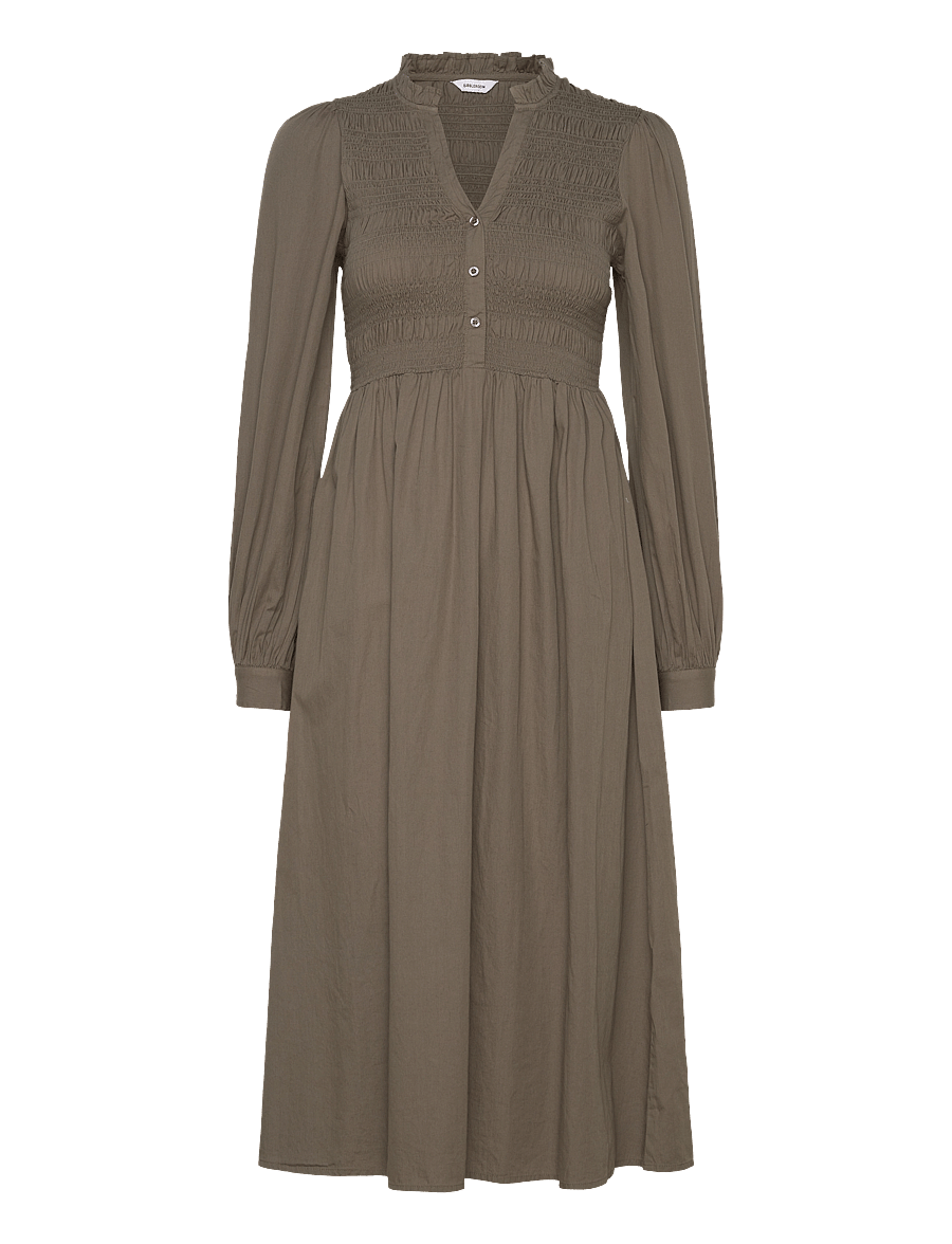 Bubbleroom - V-neck Cotton Smock Dress - midi-jurken - khaki green - 0