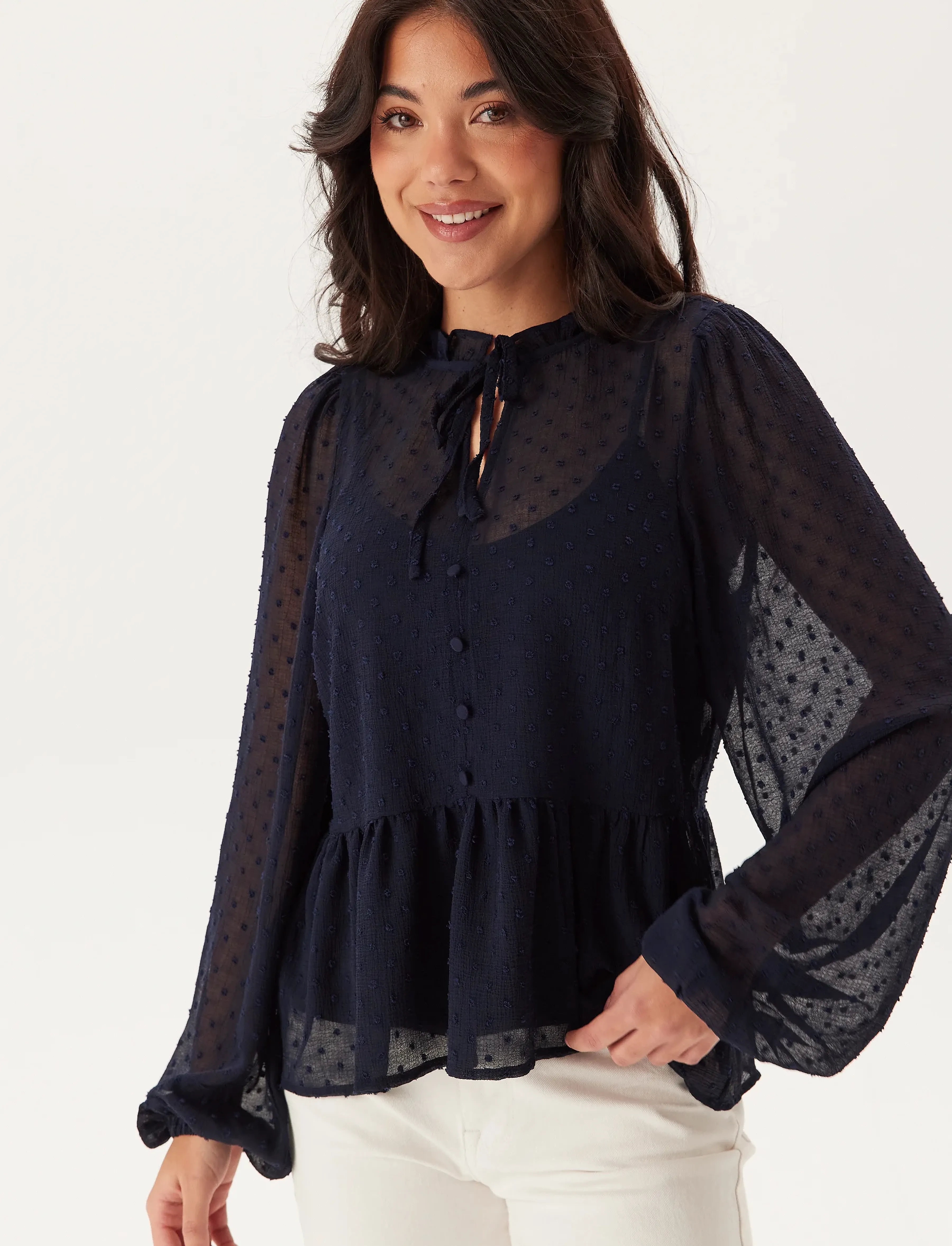 Bubbleroom - Peplum Dobby Dot Blouse - dark blue - 3