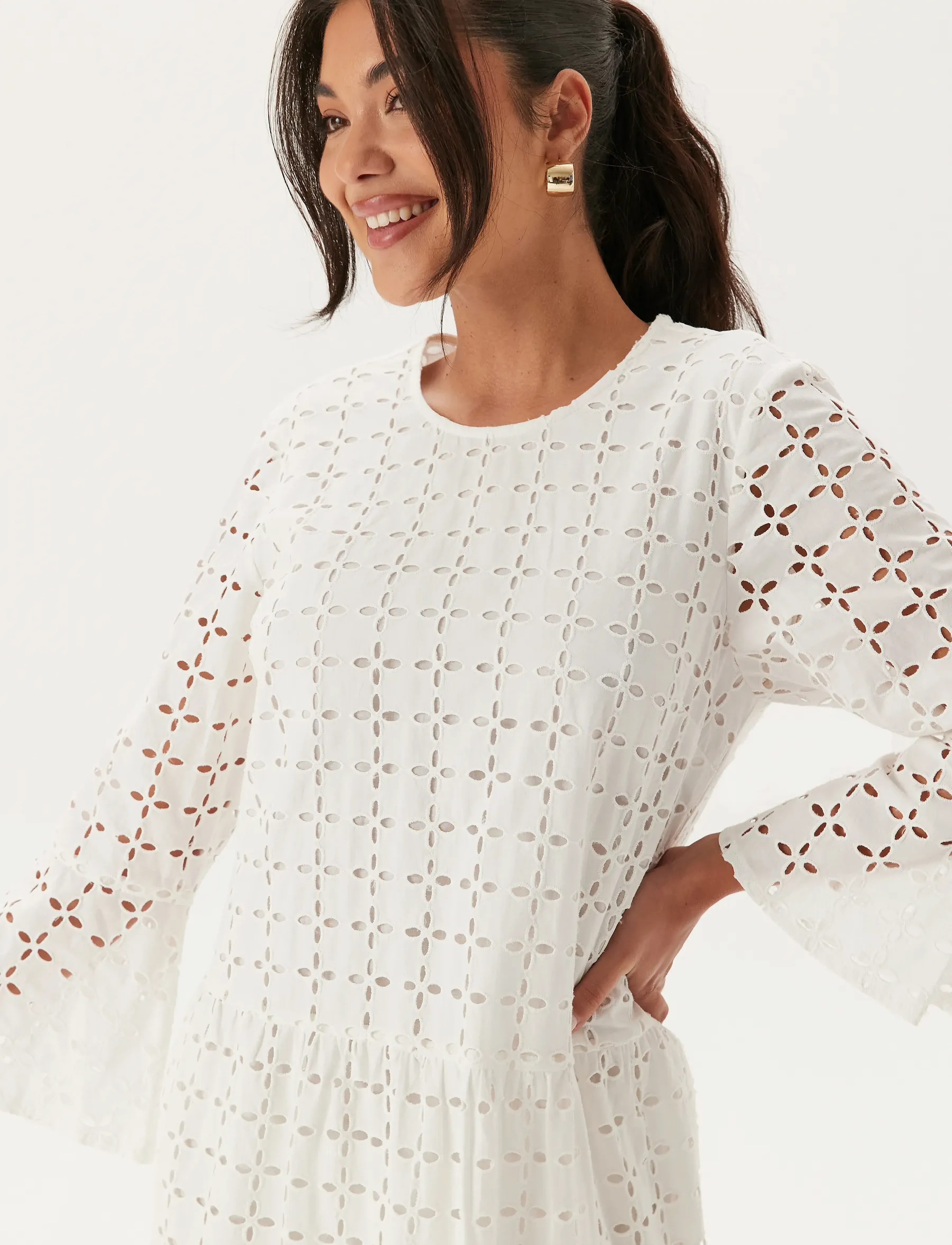 Bubbleroom - Broderie Anglaise Round Neck Dress - white - 4