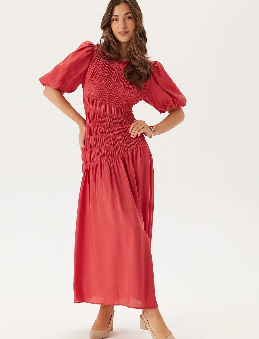 Bubbleroom - CC Puff Sleeve Smock Dress - sommerkleider - red - 0
