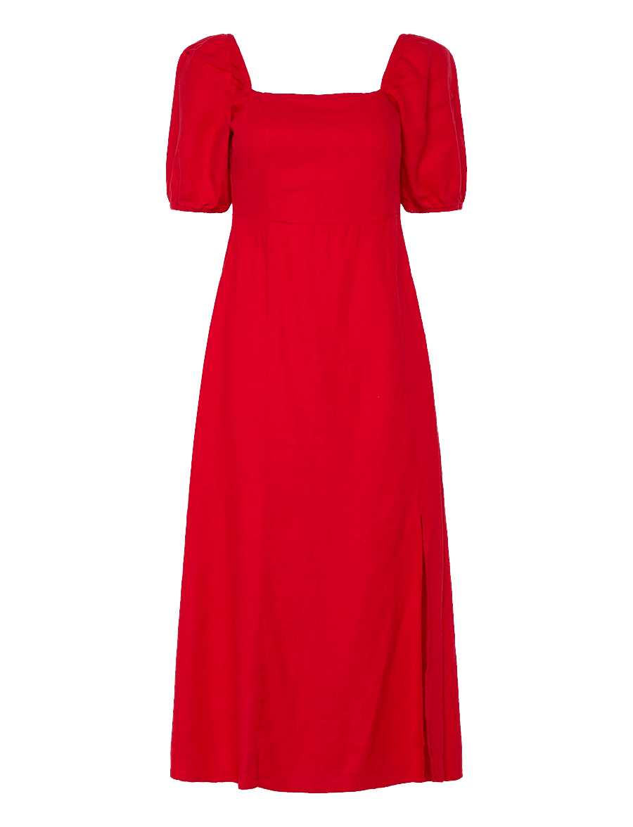 Bubbleroom - Puff Sleeve Linen Blend Dress - maxi dresses - red - 1