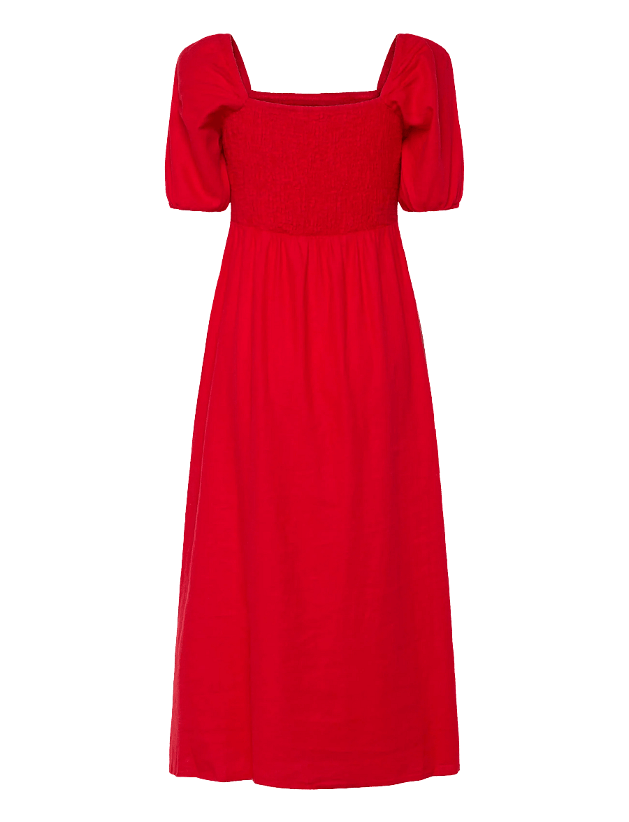 Bubbleroom - Puff Sleeve Linen Blend Dress - maxi dresses - red - 2
