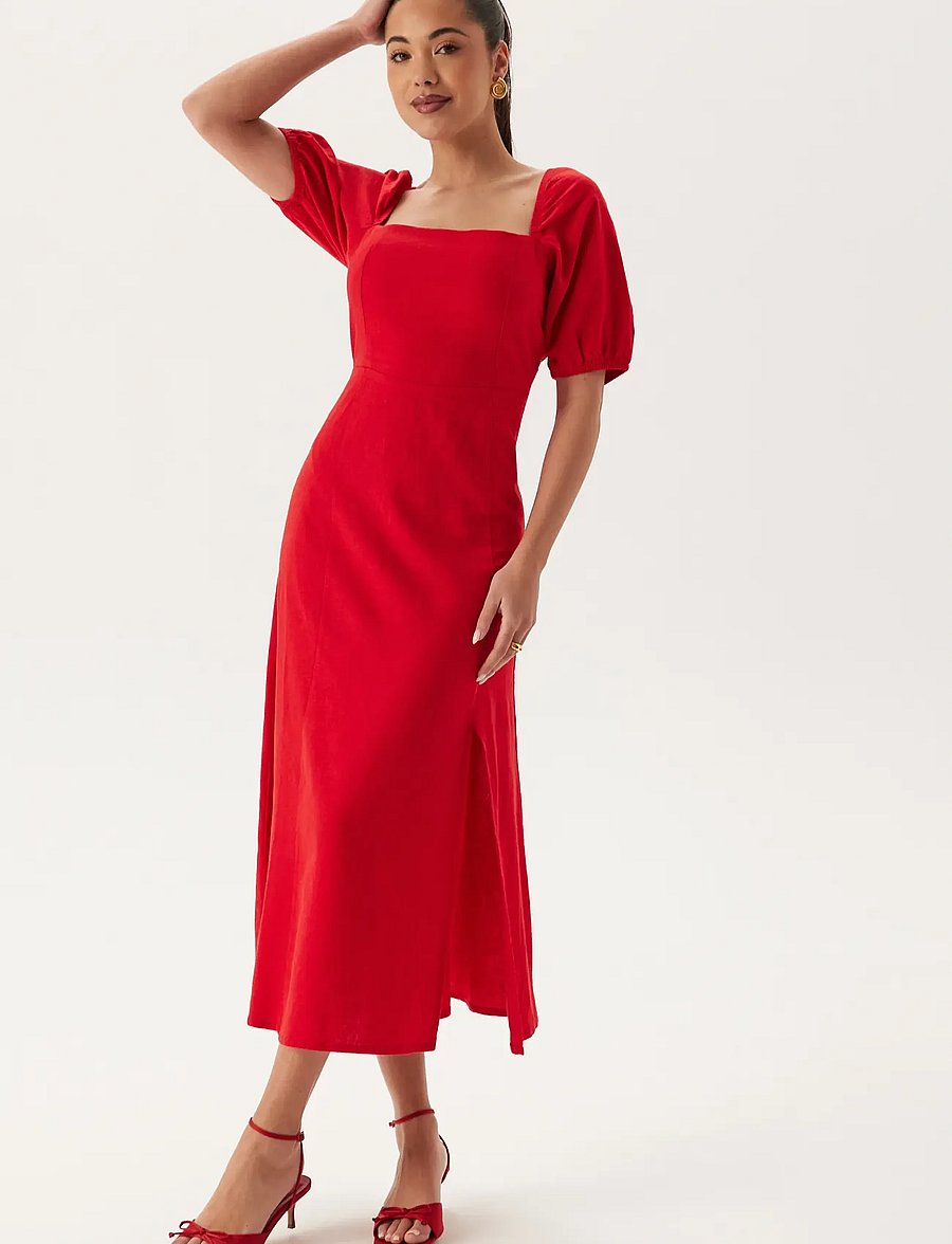 Bubbleroom - Puff Sleeve Linen Blend Dress - maxi dresses - red - 0