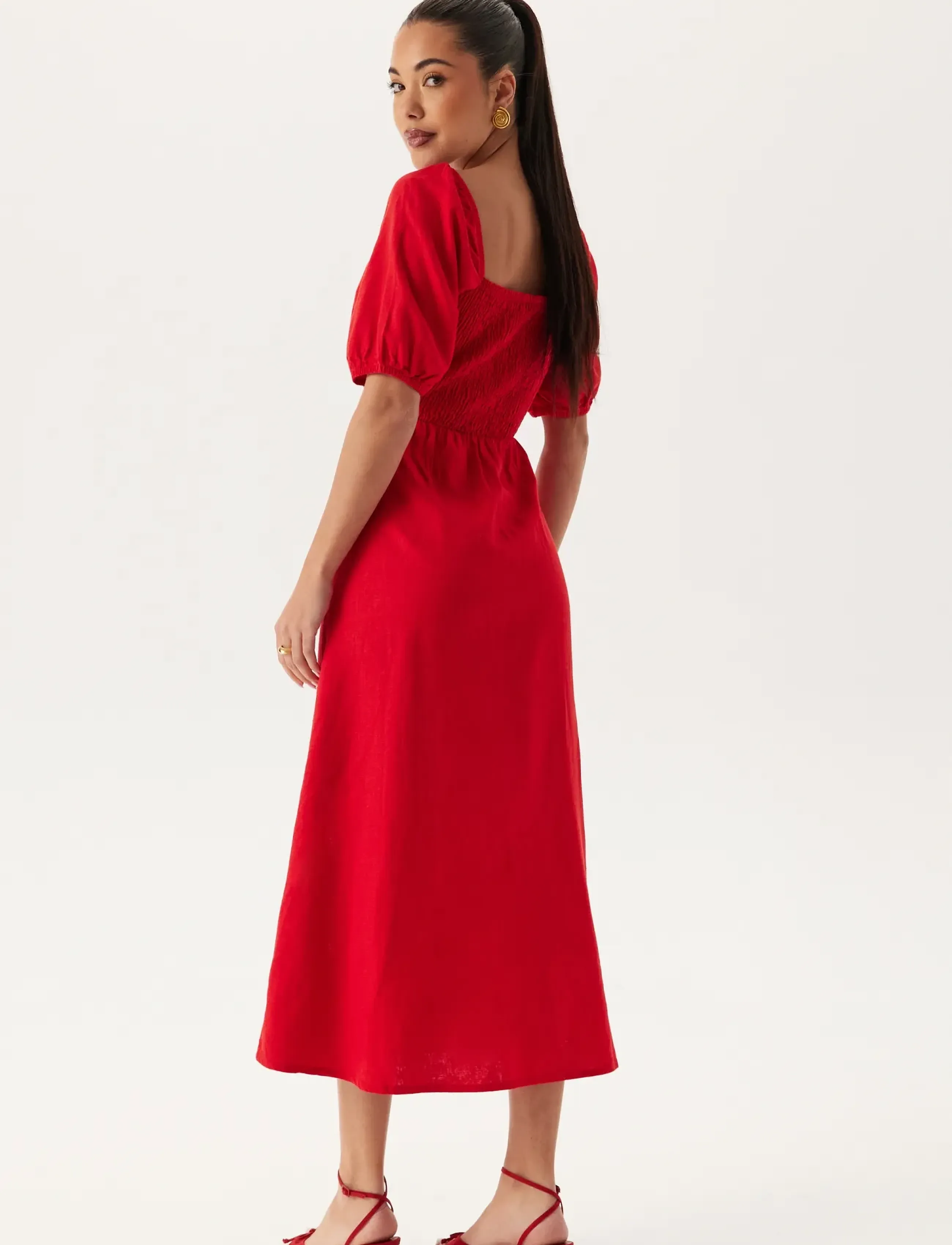 Bubbleroom - Puff Sleeve Linen Blend Dress - maksikleidid - red - 3