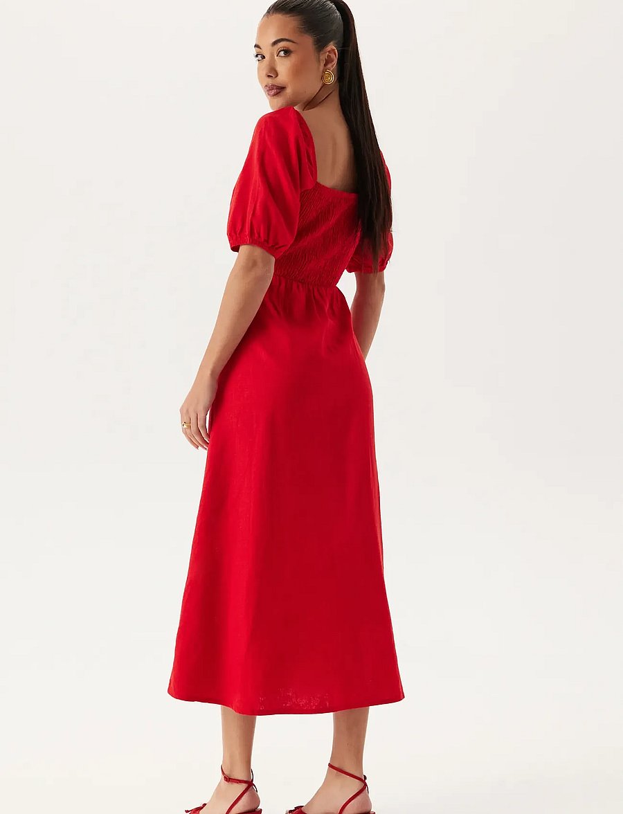 Bubbleroom - Puff Sleeve Linen Blend Dress - maxi dresses - red - 3