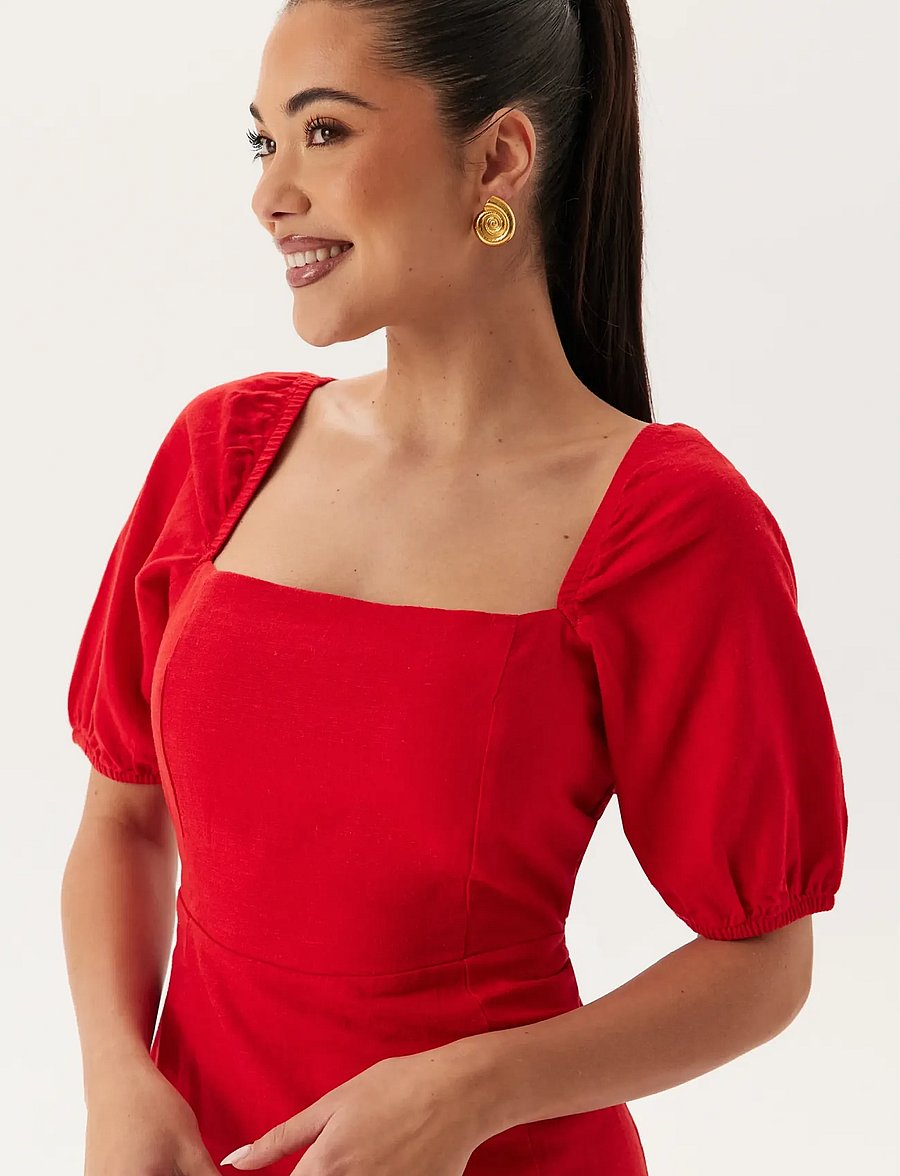 Bubbleroom - Puff Sleeve Linen Blend Dress - maxi dresses - red - 4