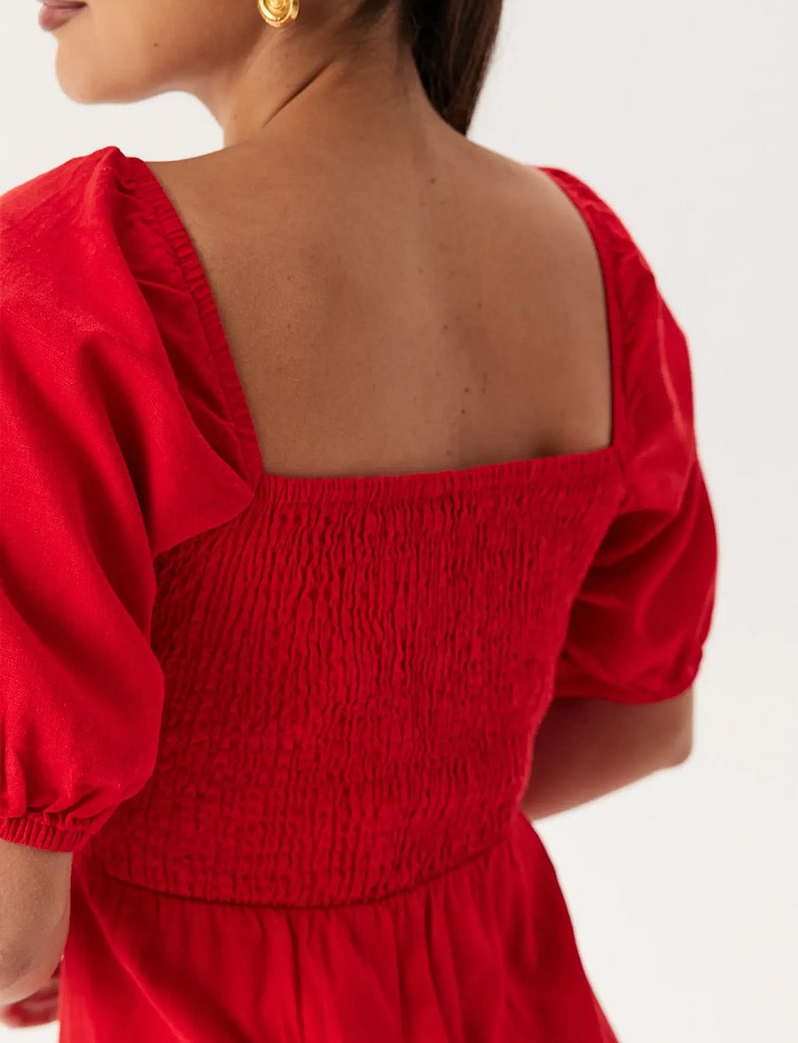 Bubbleroom - Puff Sleeve Linen Blend Dress - maxi dresses - red - 5