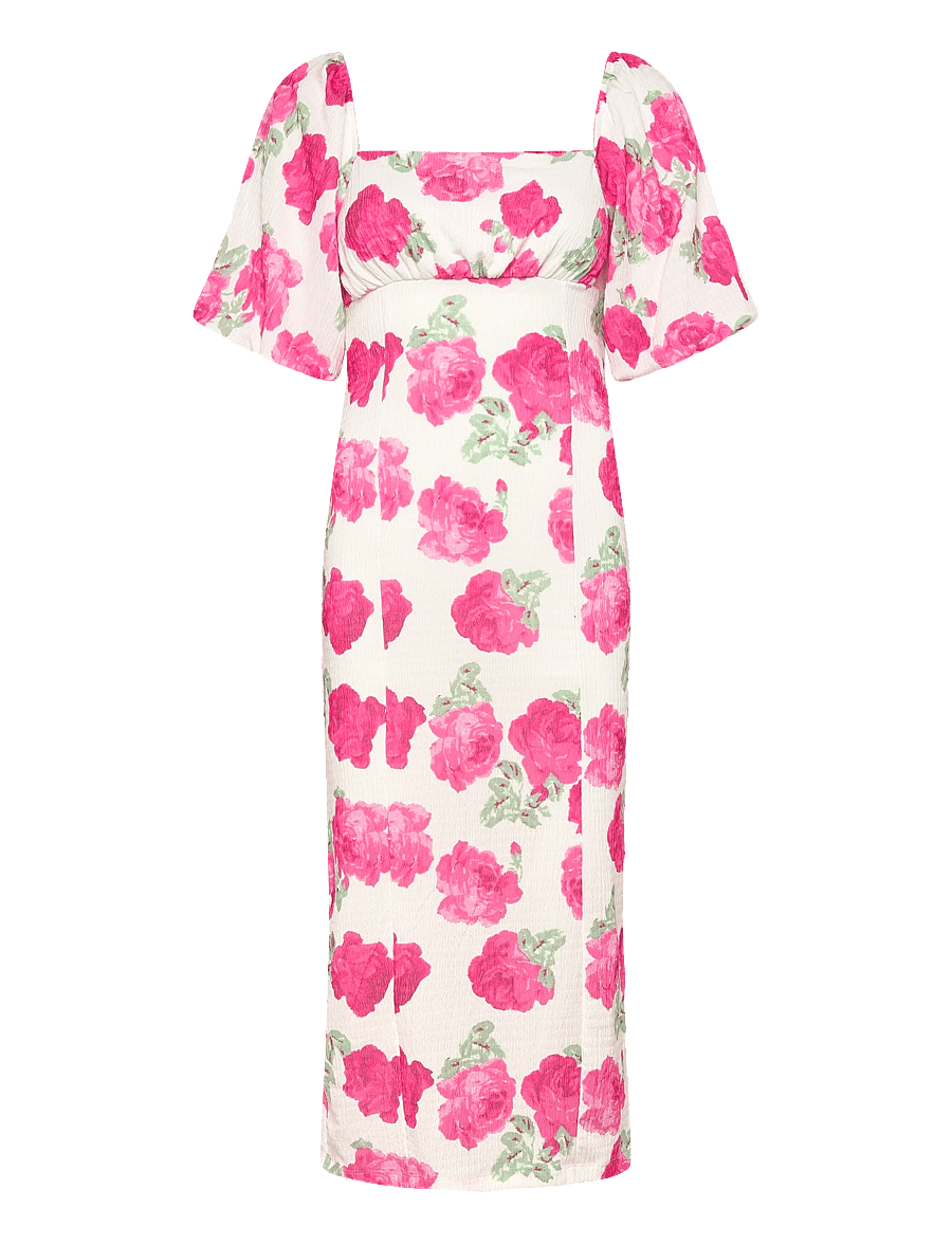 Bubbleroom - Volume Sleeve Midi Dress - sumarkjólar - pink/floral - 1