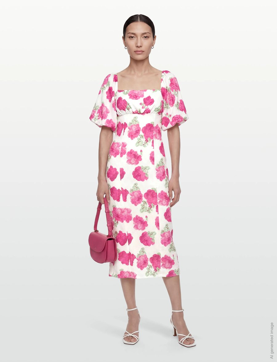 Bubbleroom - Volume Sleeve Midi Dress - sumarkjólar - pink/floral - 0