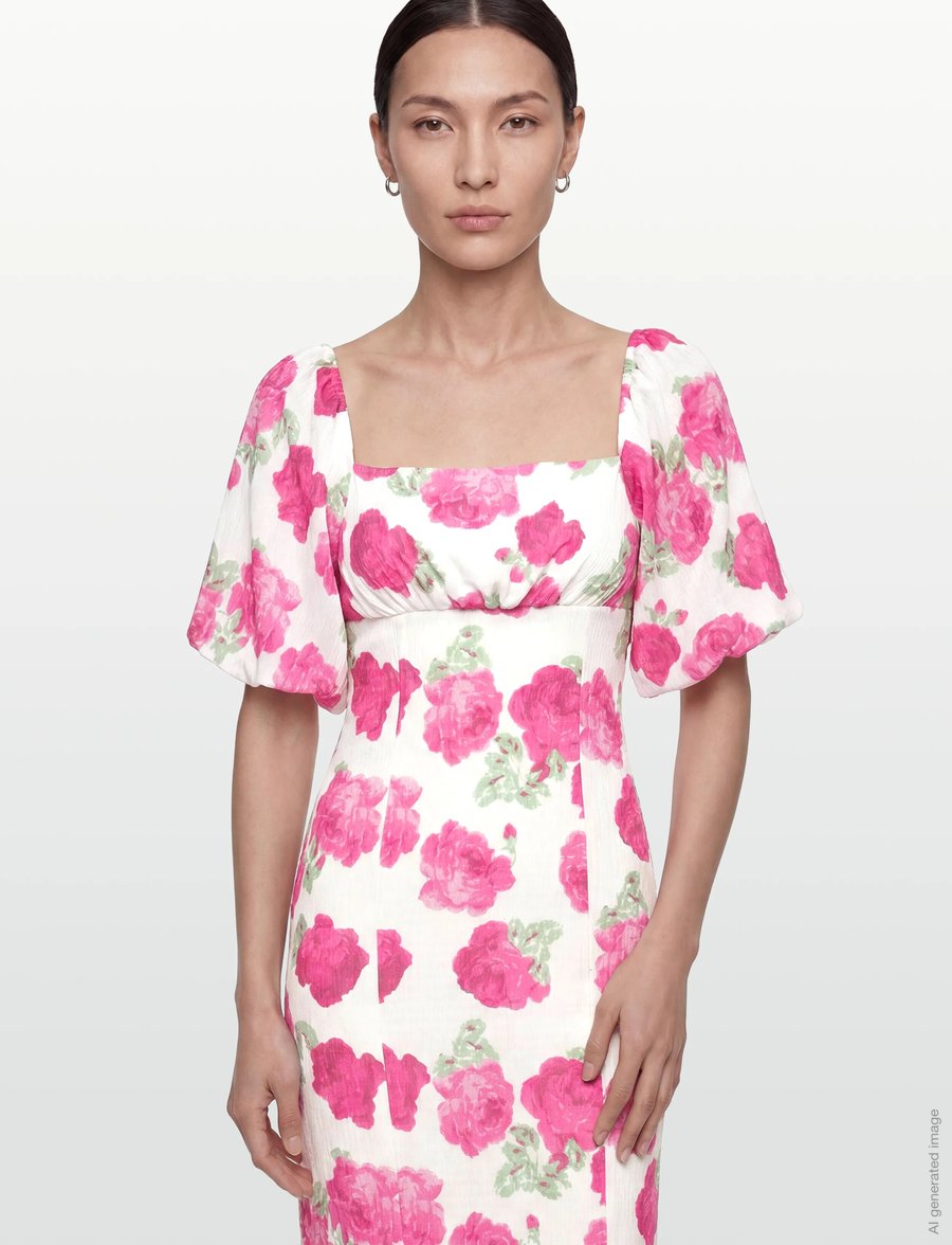 Bubbleroom - Volume Sleeve Midi Dress - sumarkjólar - pink/floral - 3
