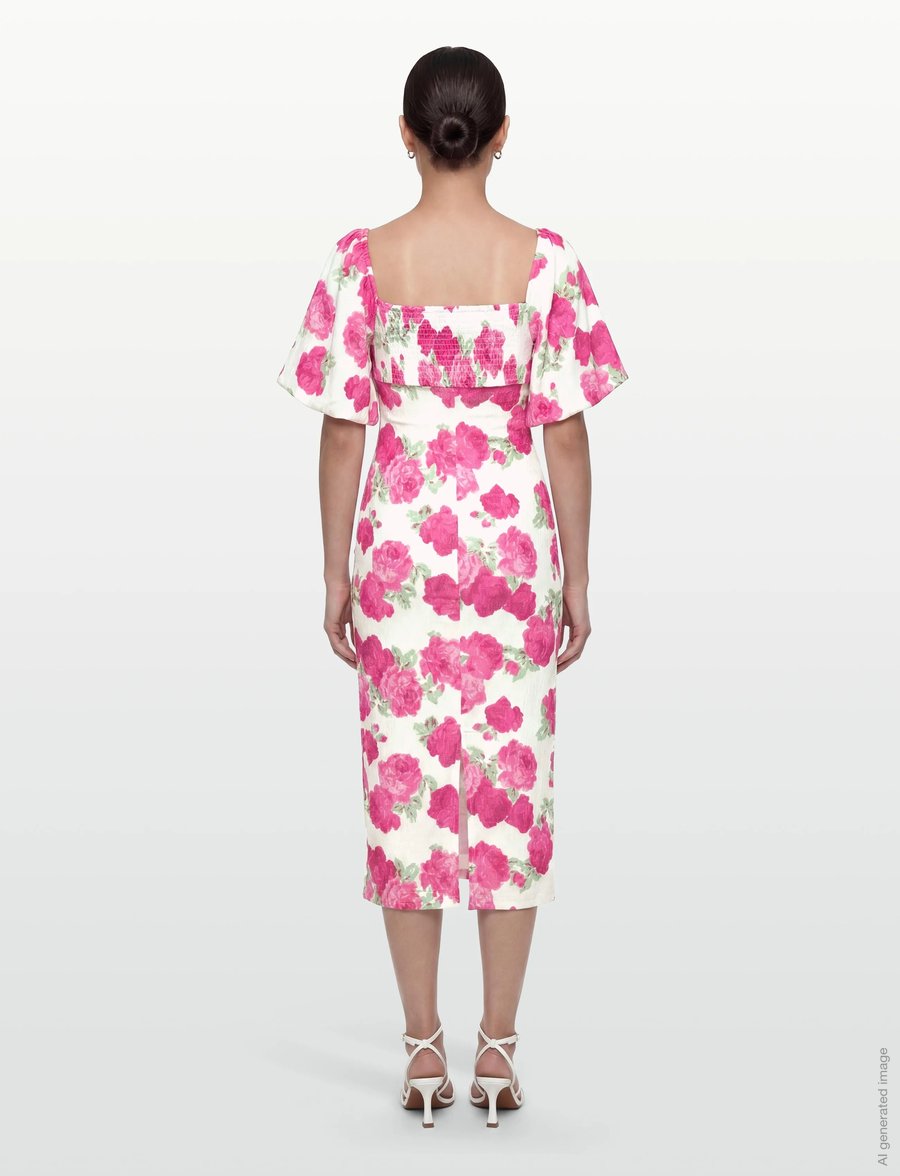 Bubbleroom - Volume Sleeve Midi Dress - sumarkjólar - pink/floral - 4