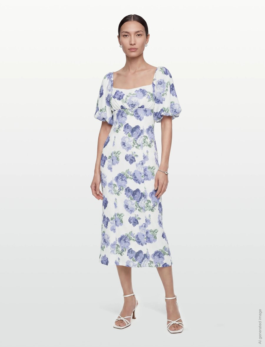 Bubbleroom - Volume Sleeve Midi Dress - sommerkleider - white/floral - 0