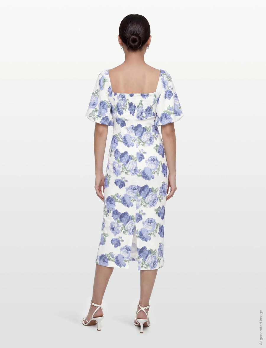 Bubbleroom - Volume Sleeve Midi Dress - sommerkleider - white/floral - 4