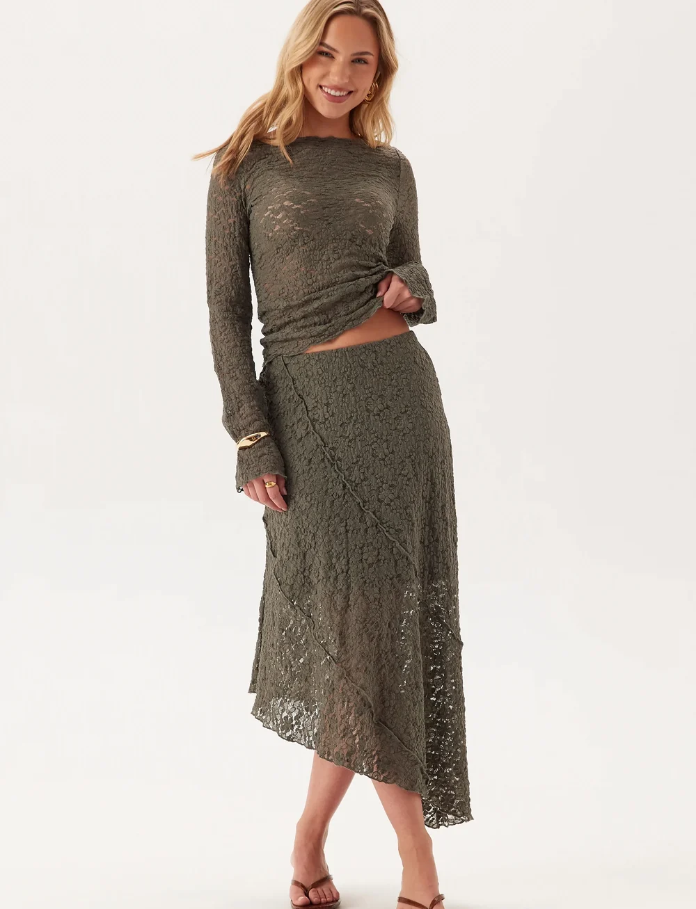 Bubbleroom - Asymmetric Lace Skirt - midi-röcke - dusty green - 0