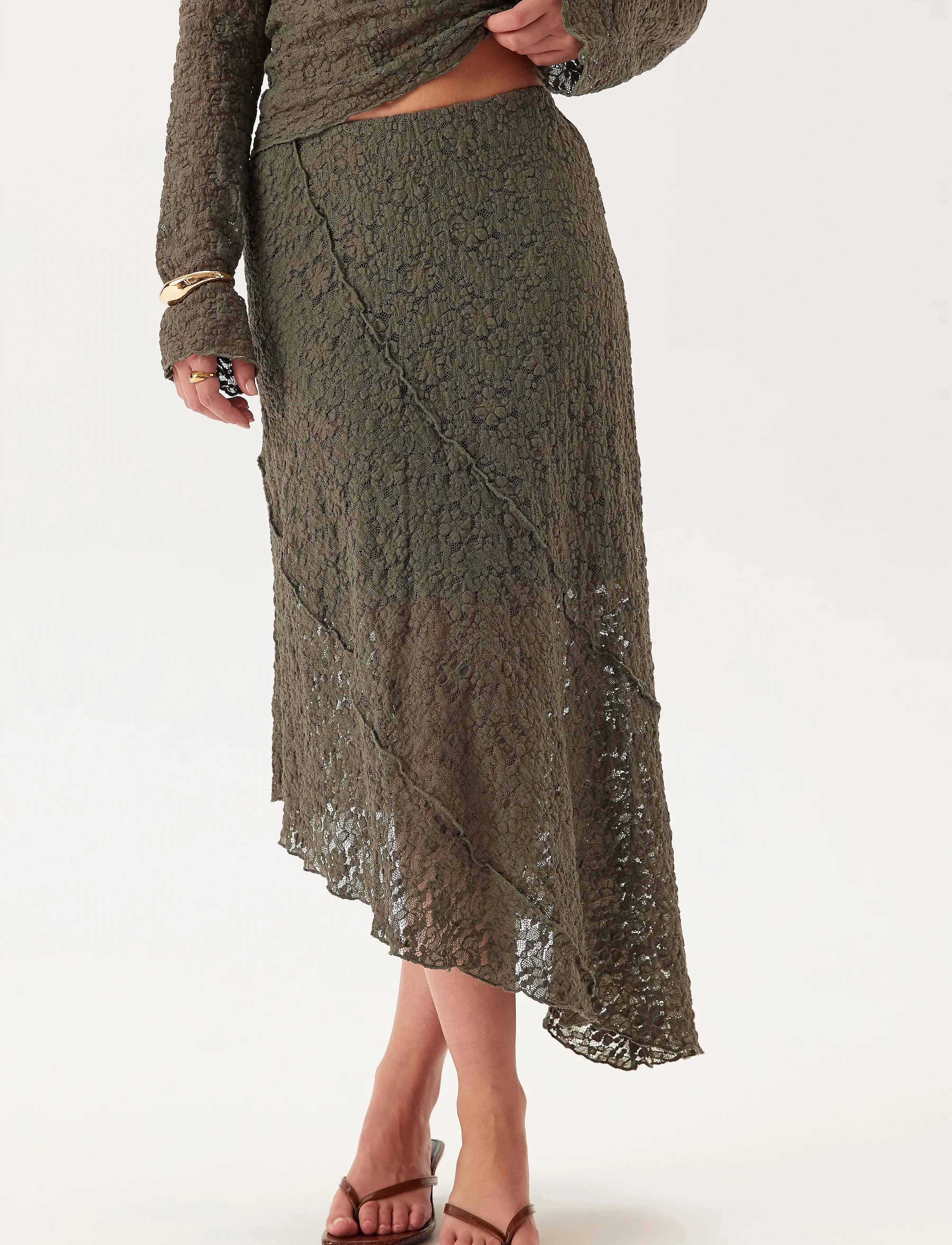 Bubbleroom - Asymmetric Lace Skirt - dusty green - 3