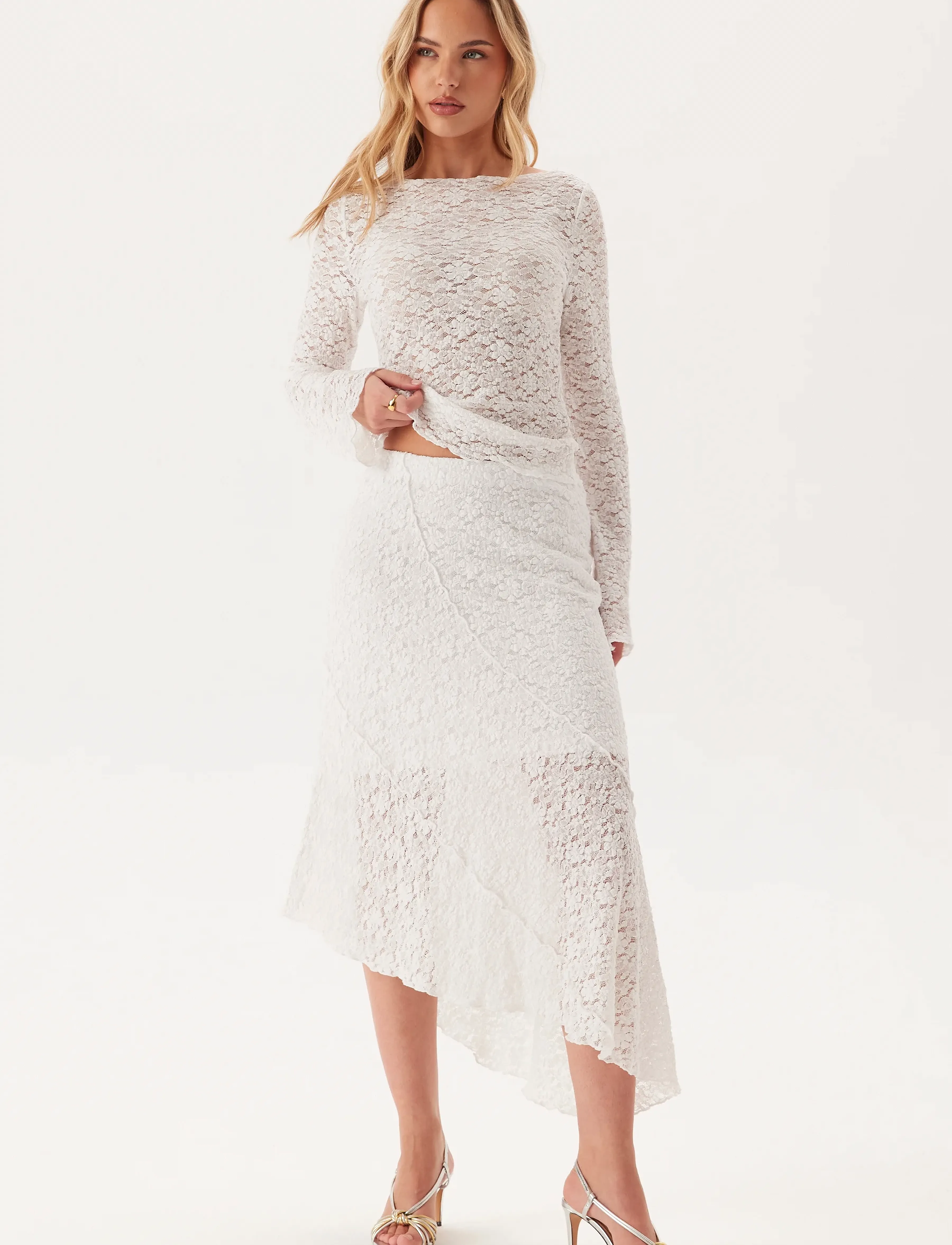 Bubbleroom - Asymmetric Lace Skirt - midi skirts - white - 4
