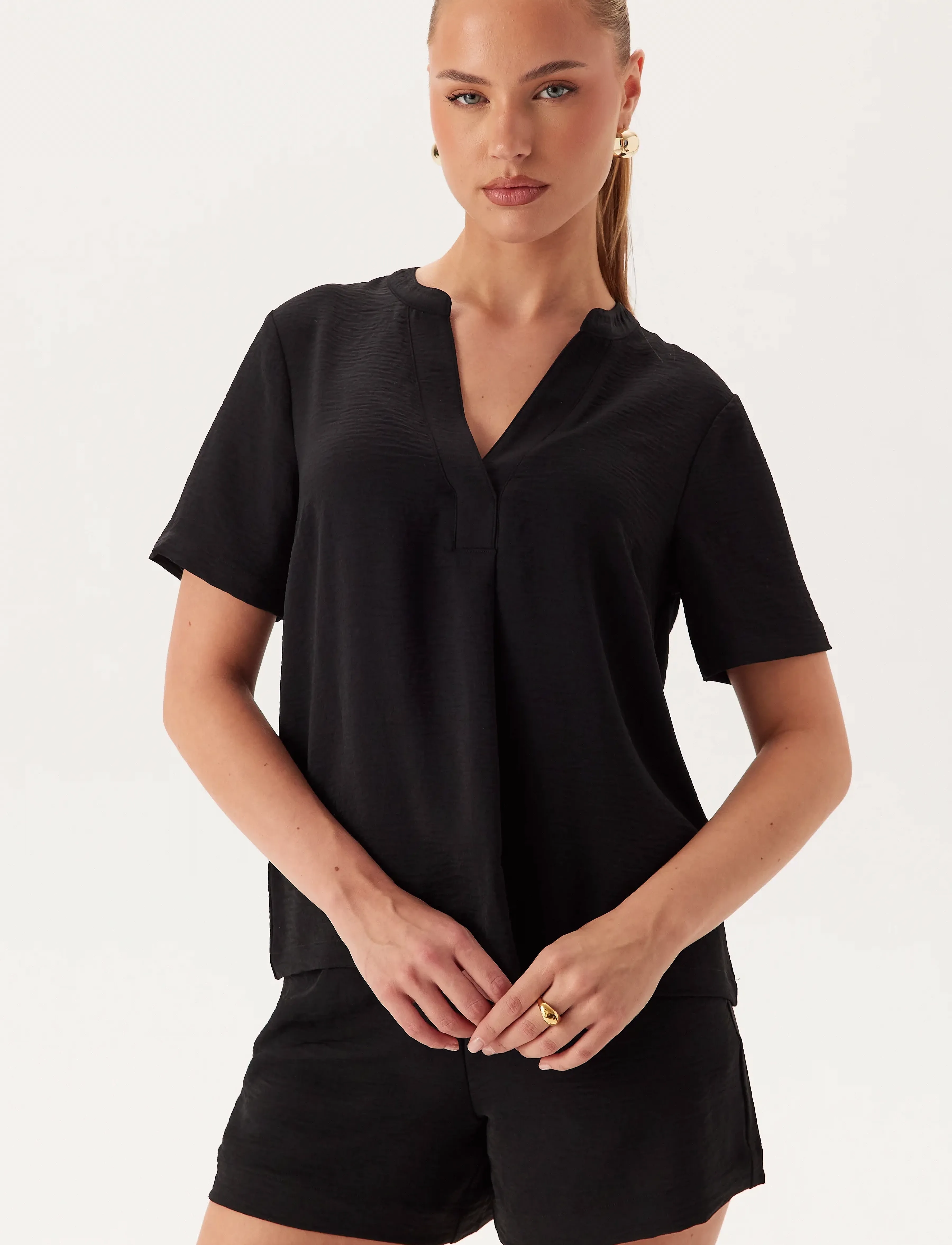 Bubbleroom V-Neck Blouse, S, Black, Bluser > Kortærmede, Dame