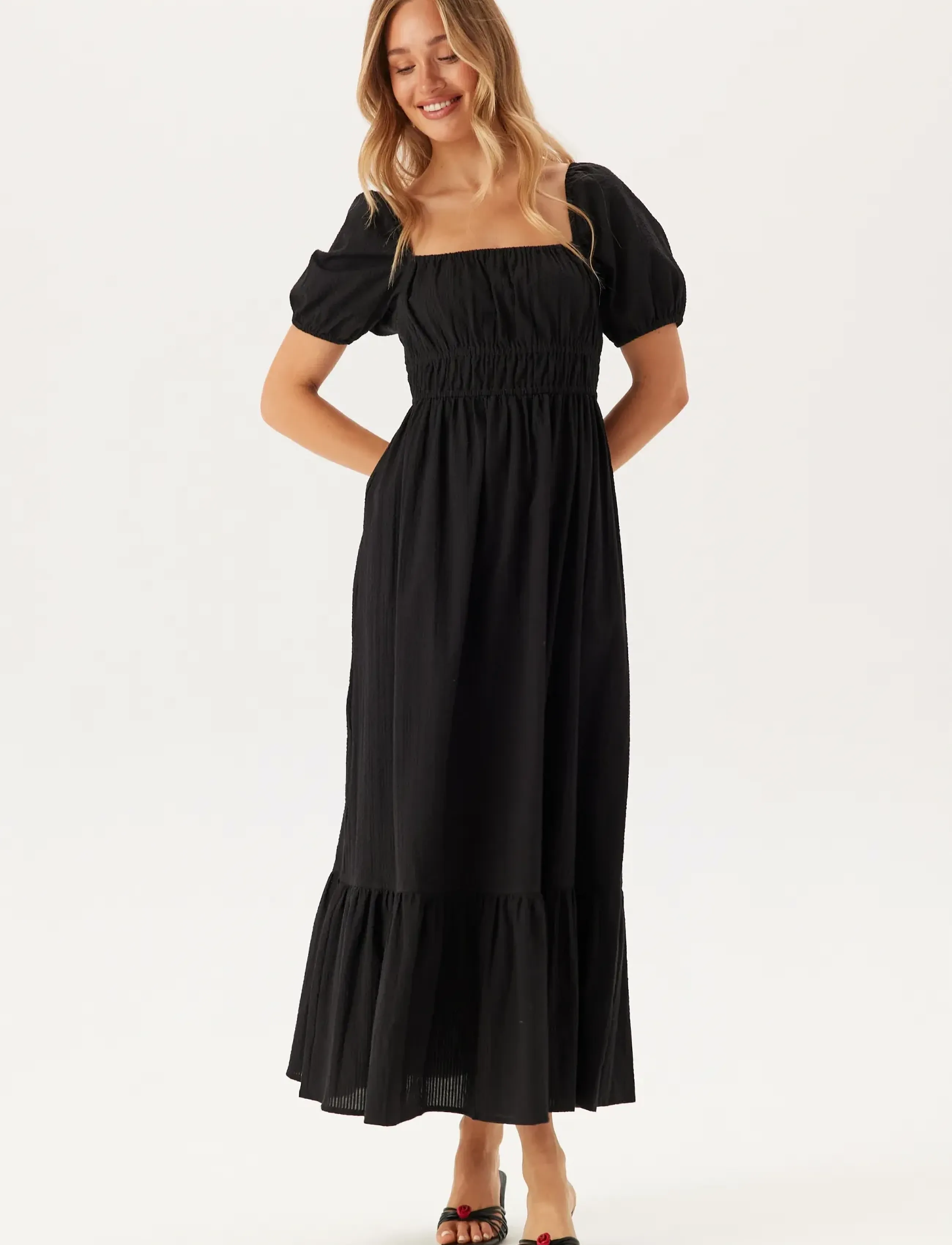 Bubbleroom Square Neck Cotton Maxi Dress, XS, Dresses, Schwarz - Frauen