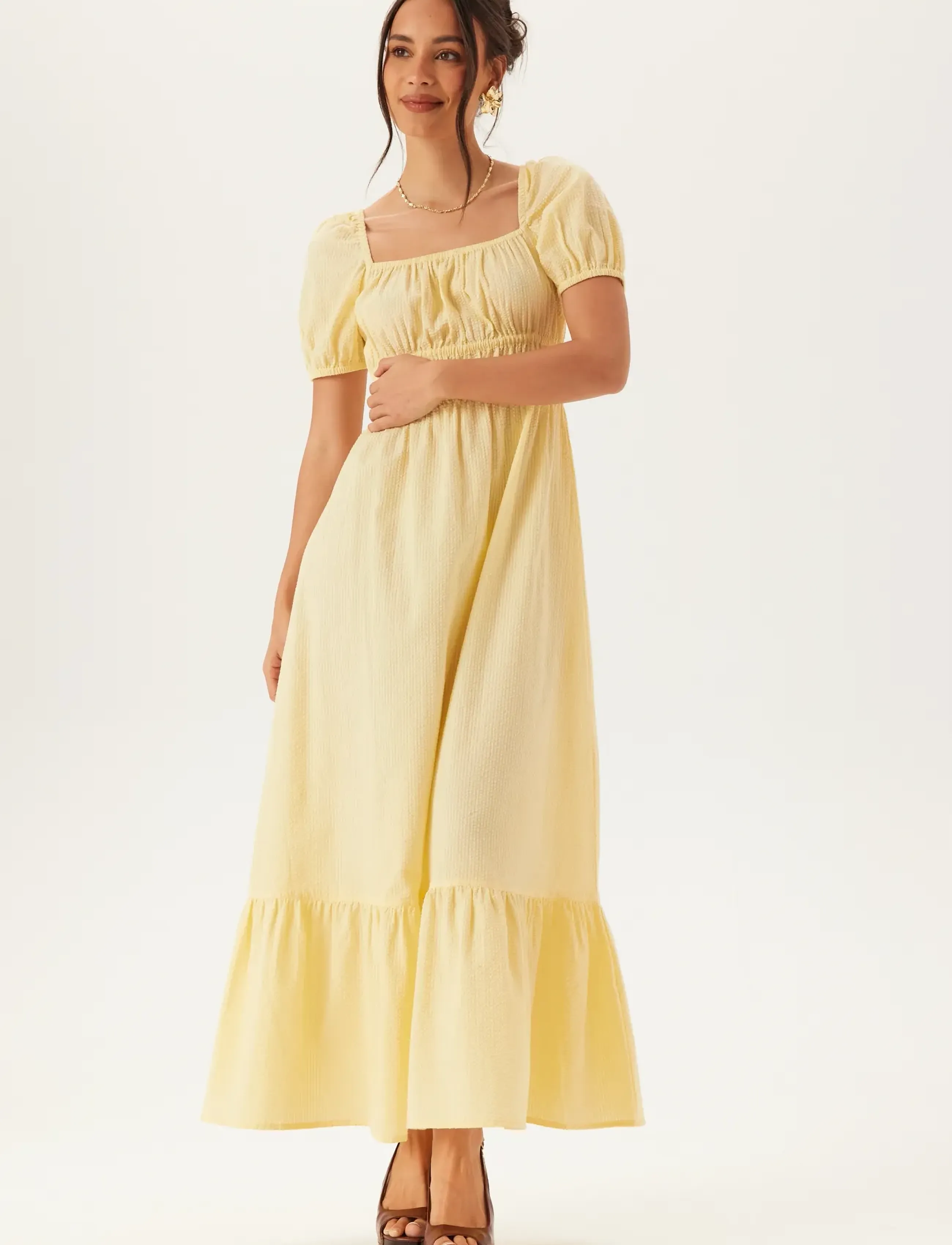 Bubbleroom - Square Neck Cotton Maxi Dress - maxikleider - yellow - 3