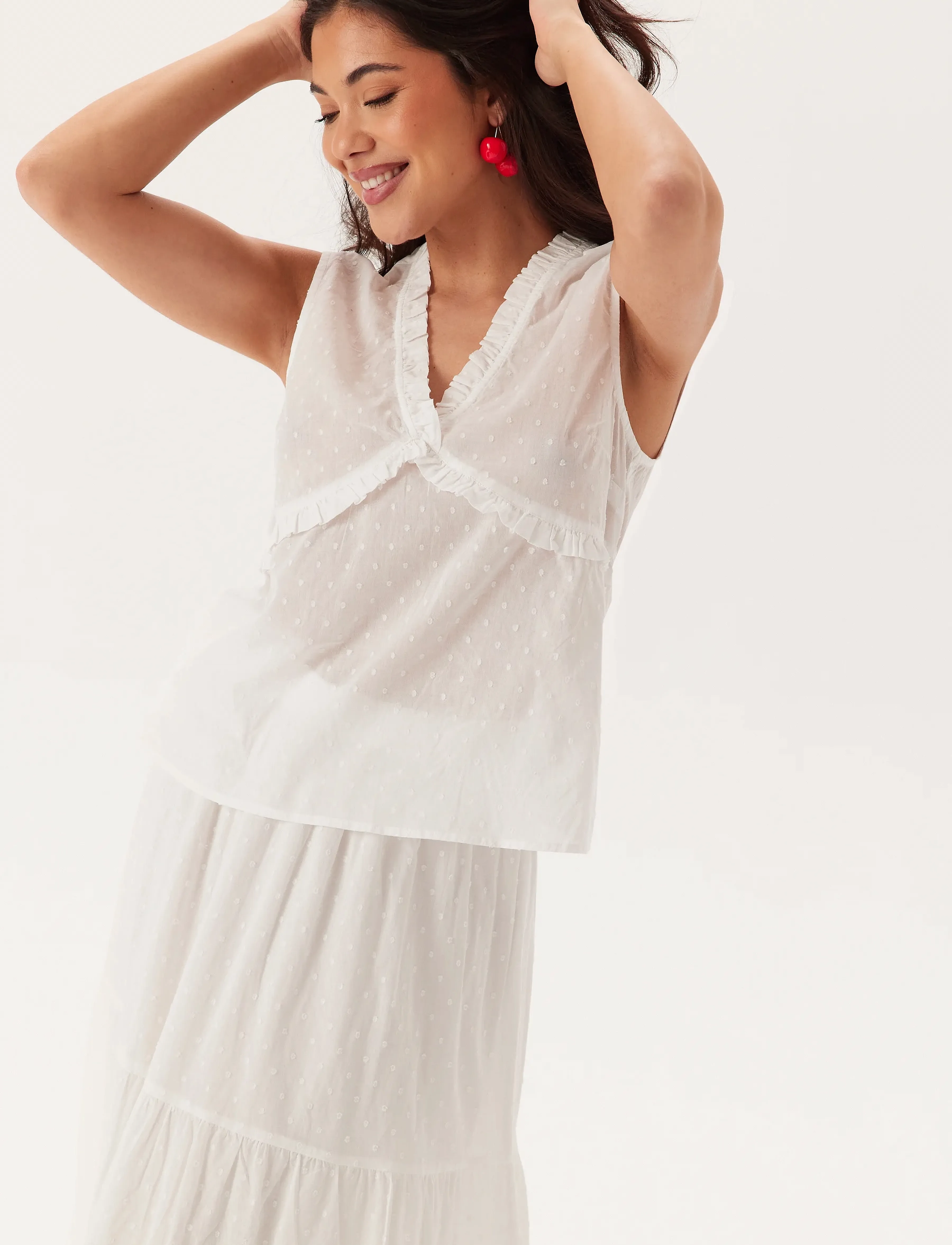 Bubbleroom Cotton Dobby Dot Blouse, 32-34, White, Bluser > Uden Ærmer, Dame
