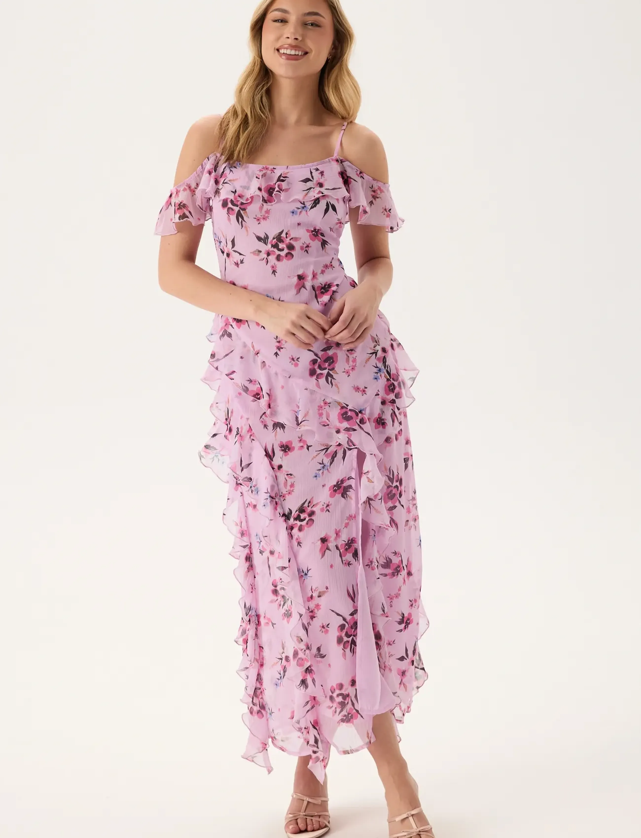 Bubbleroom Peaky Shoulder Flounce Maxi Dress - Modetrends - PINK/FLORAL / pink/rose