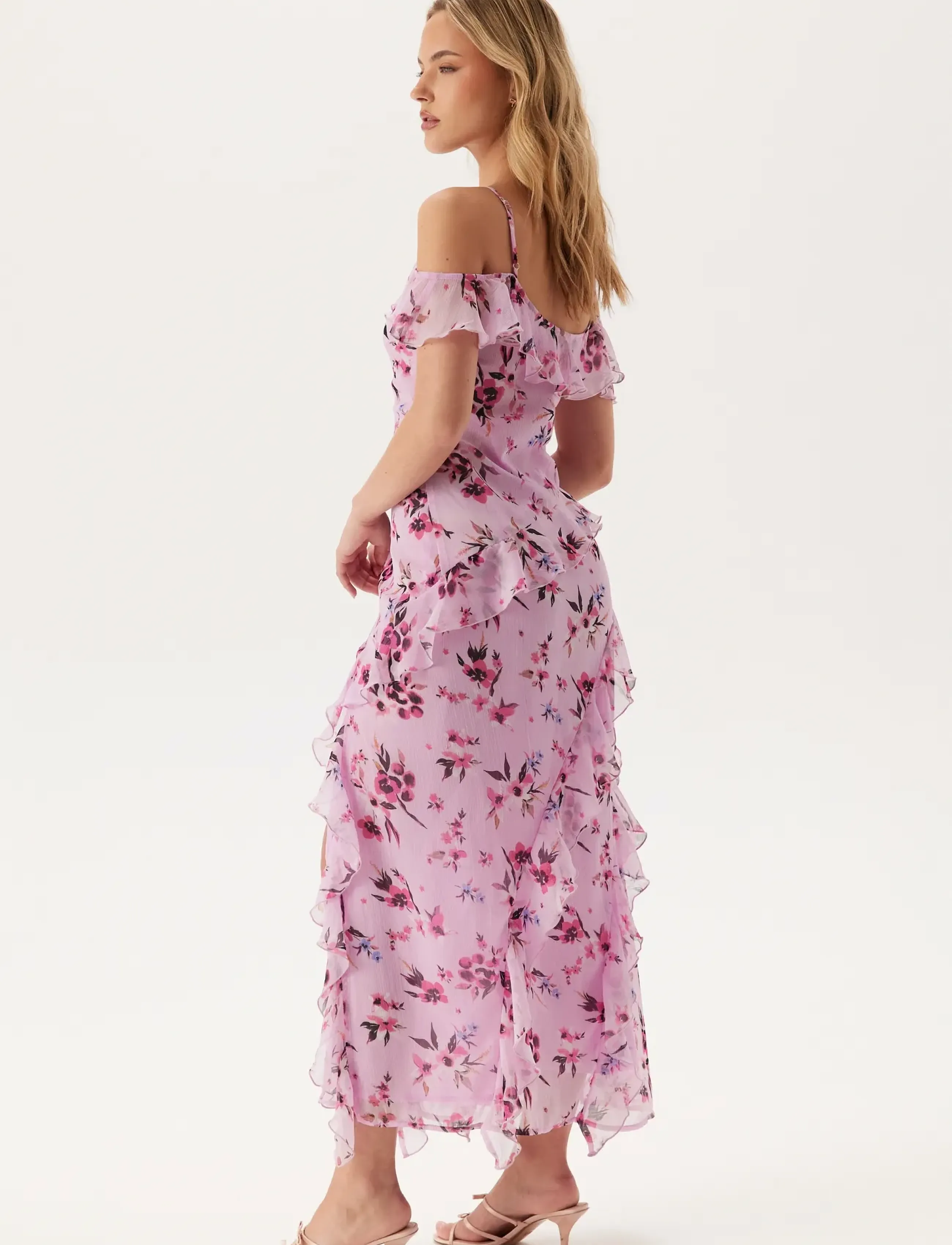 Bubbleroom - Peaky Shoulder Flounce Maxi Dress - pink/floral - 5