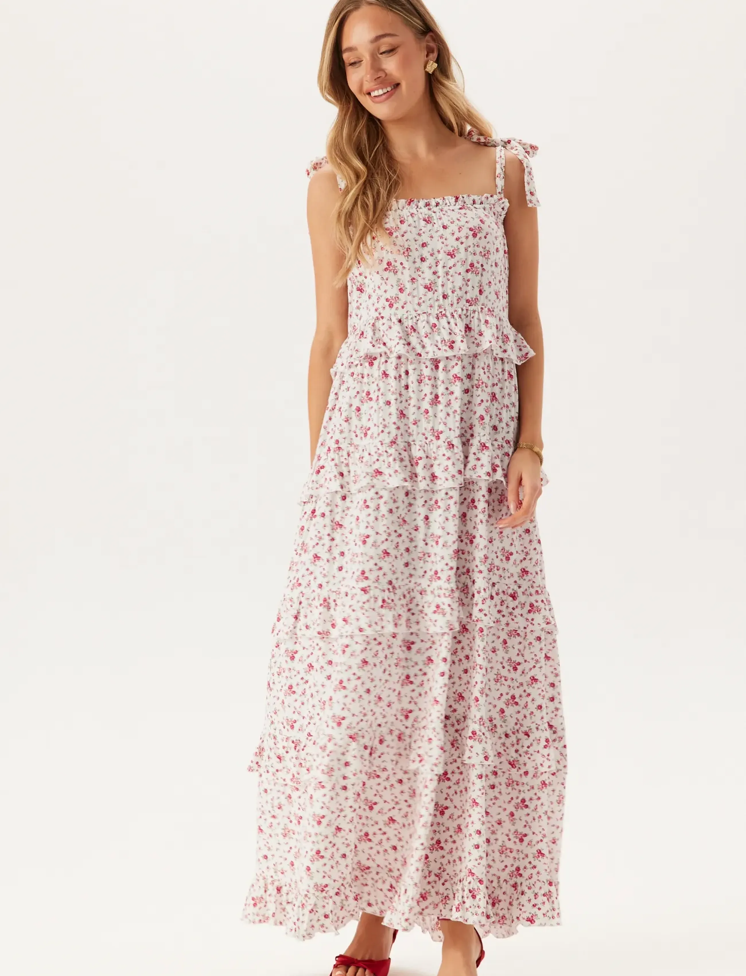 Bubbleroom Frill Maxi Viscose Dress, Lagdelt Flæse Maxikjole, Hvid, Str: L