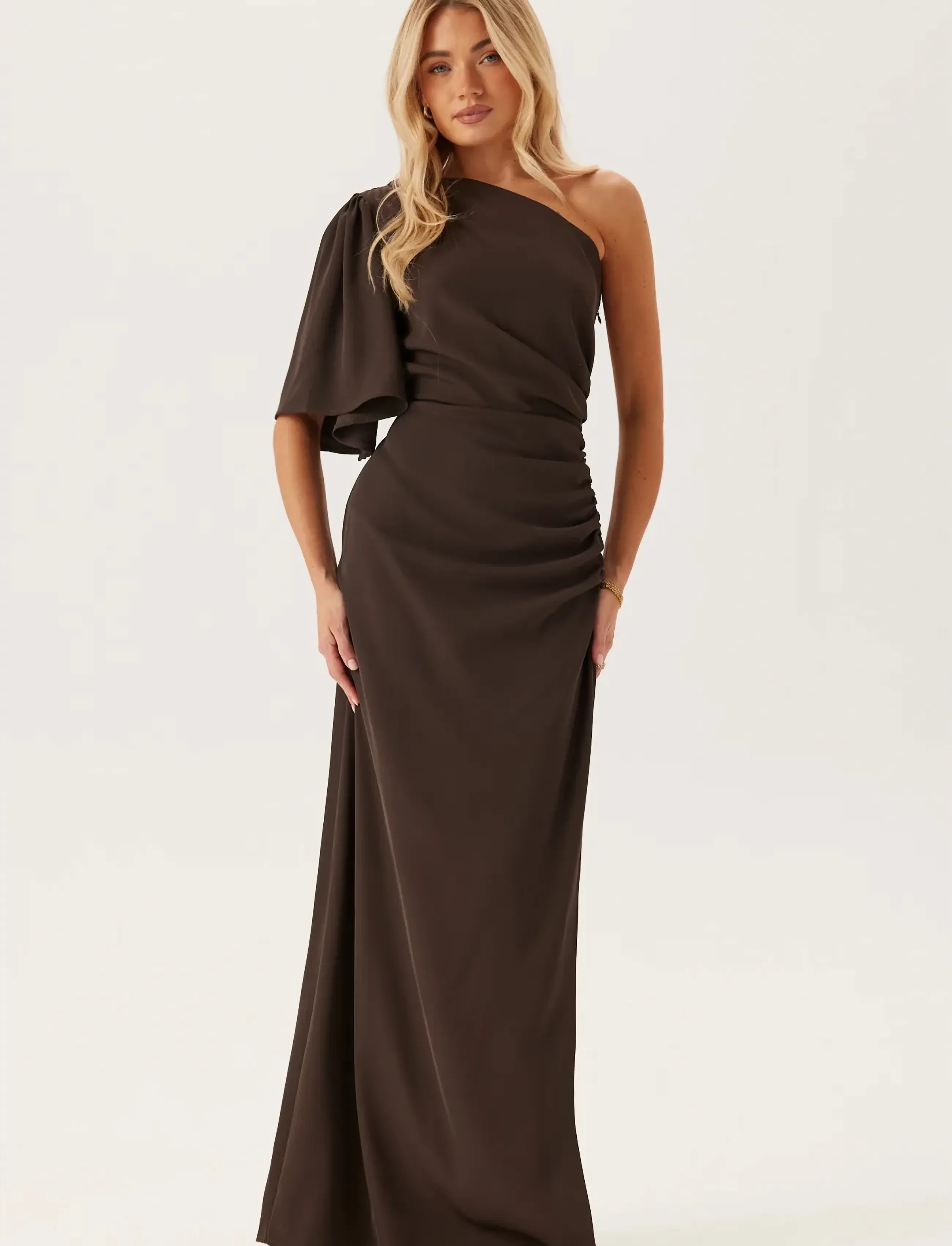 Bubbleroom Ruched One Shoulder Gown - Kläder - BROWN / brown