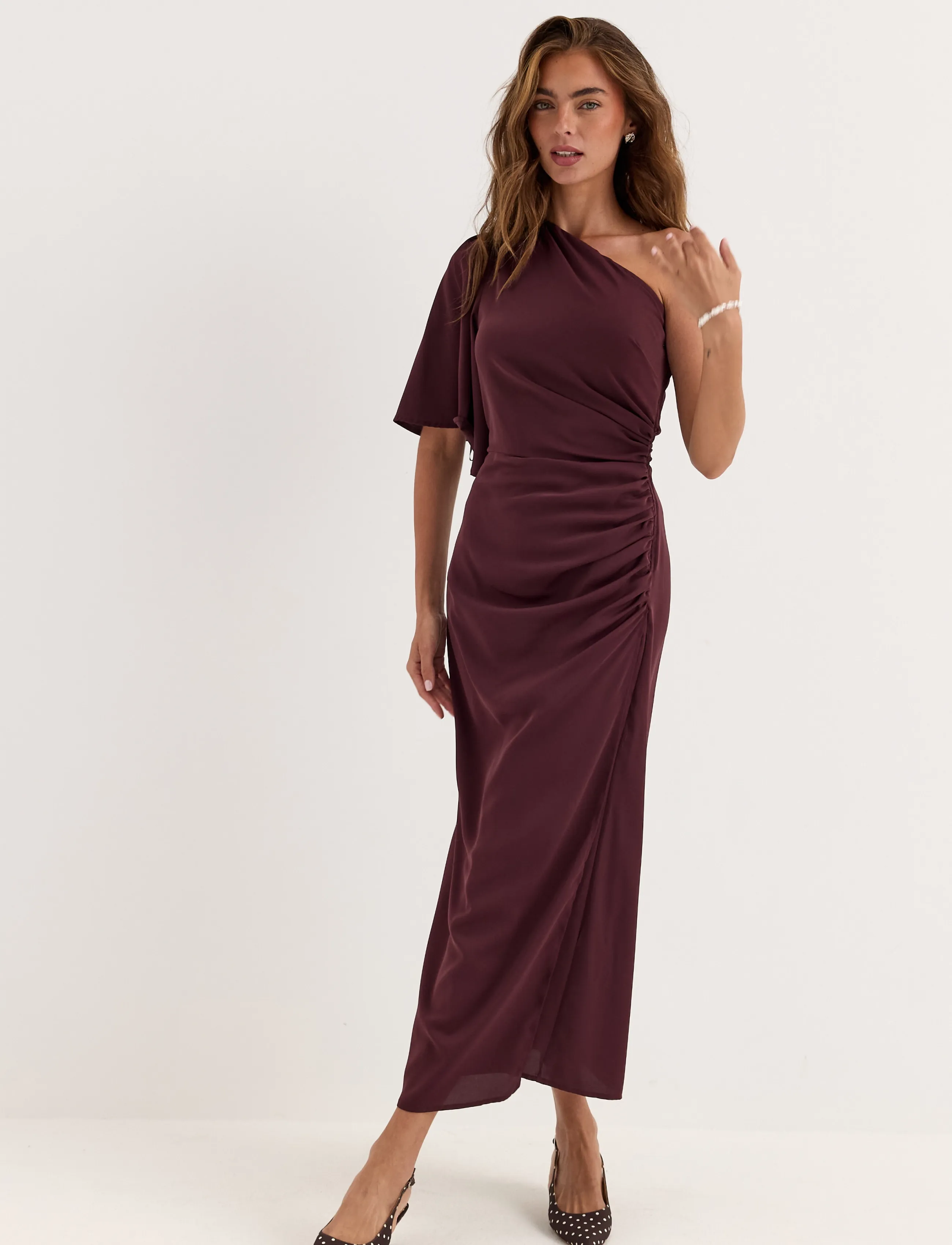 Bubbleroom Ruched One Shoulder Midi Dress - Partíkjólar - BURGUNDY / burgundy