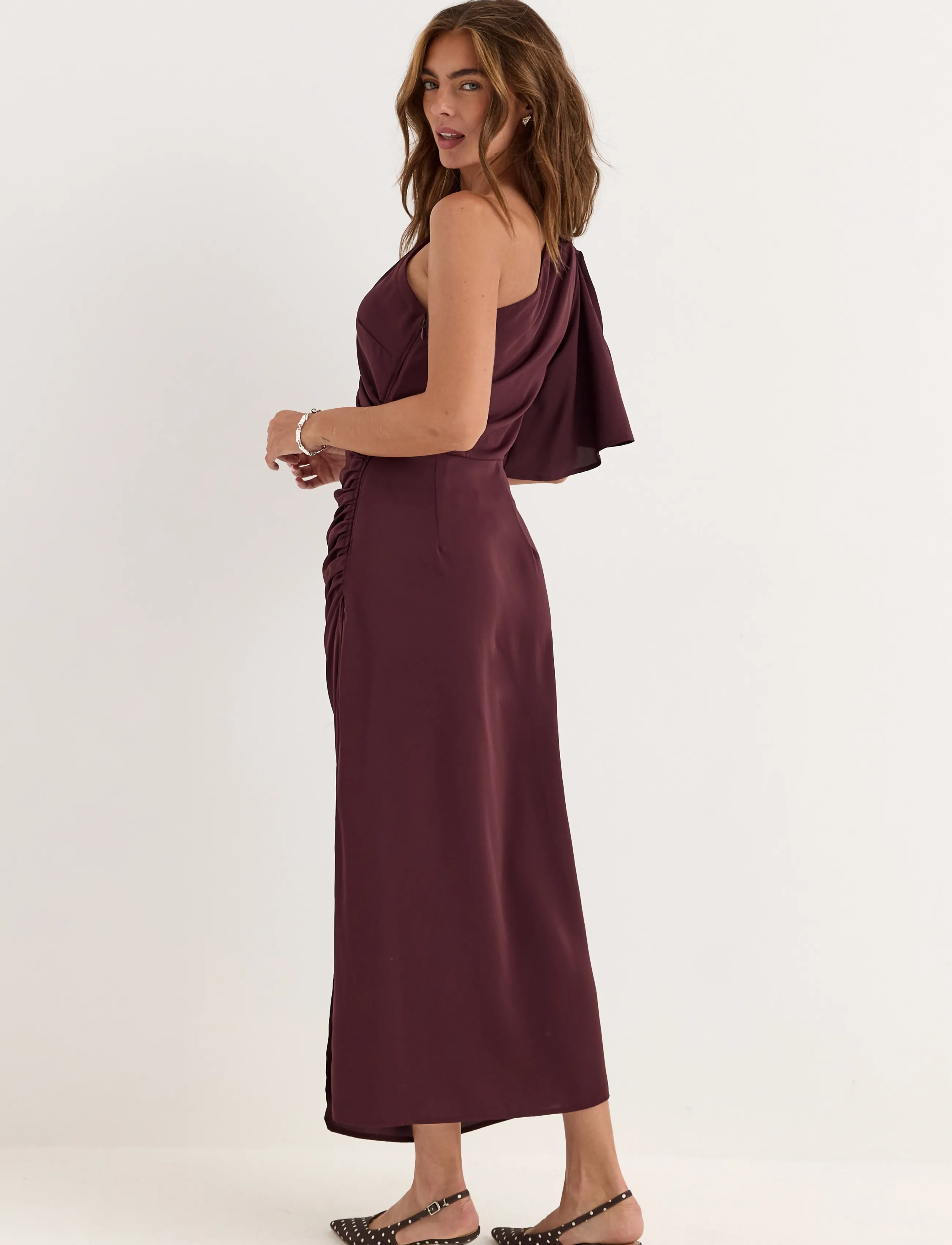 Bubbleroom - Ruched One Shoulder Midi Dress - cocktailkleider - burgundy - 4