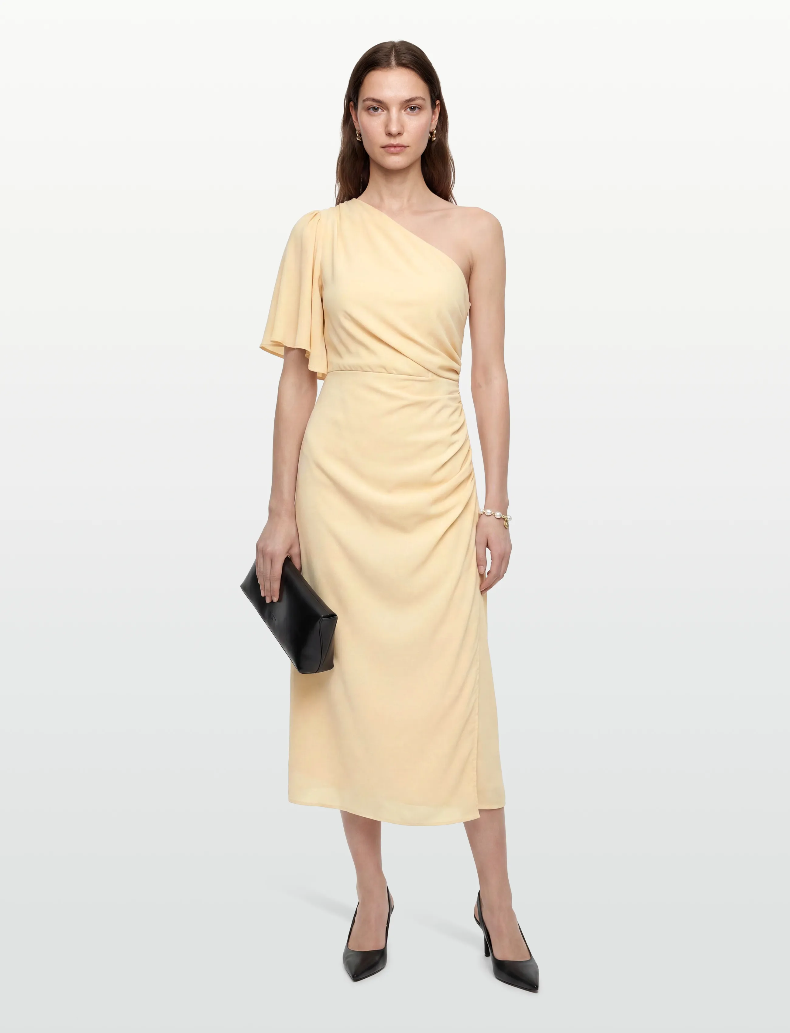 Bubbleroom Ruched One Shoulder Midi Dress, Kvinder, Rynket Én Skulder Midikjole, Gul, Str: 34
