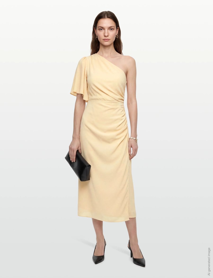 Bubbleroom - Ruched One Shoulder Midi Dress - cocktailkleider - light yellow - 0