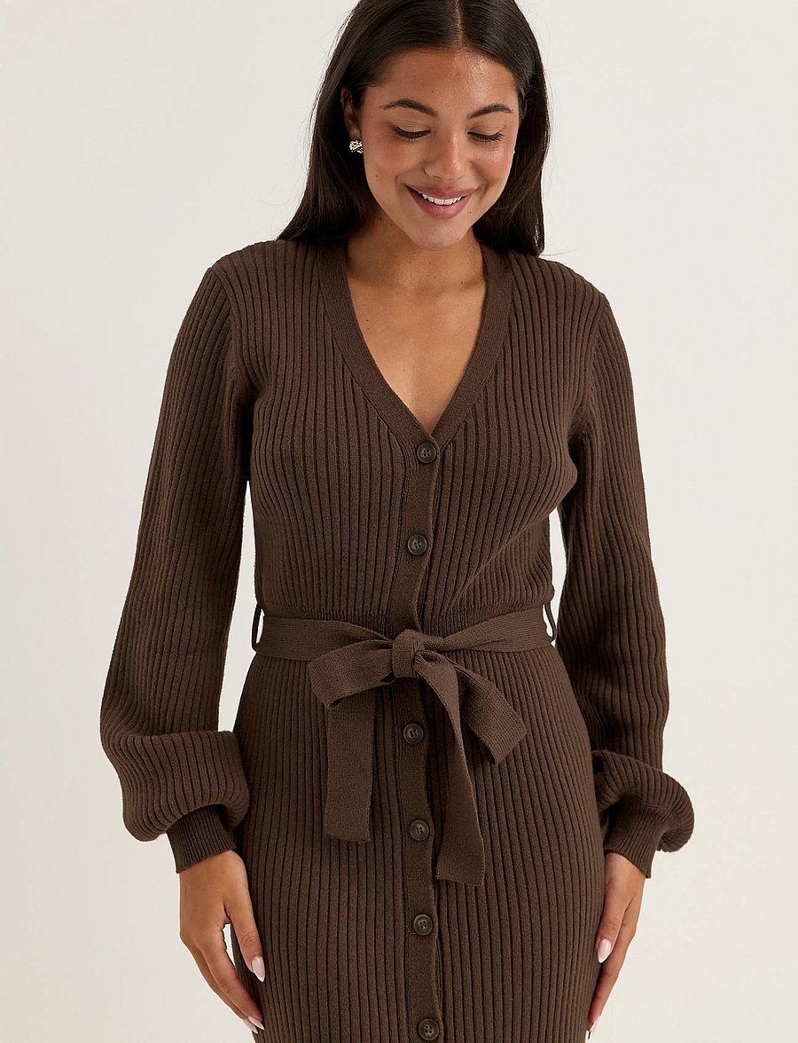 Bubbleroom - Rib Knitted Cardigan Dress - strikkjoler - brown - 4