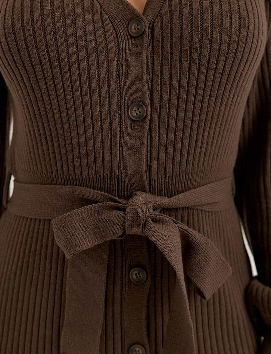 Bubbleroom - Rib Knitted Cardigan Dress - strikkjoler - brown - 5