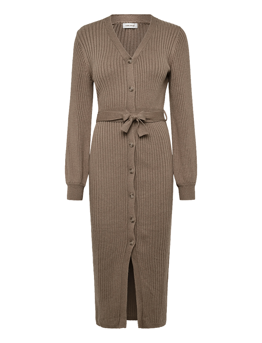 Bubbleroom - Rib Knitted Cardigan Dress - stickade klänningar - light brown - 1