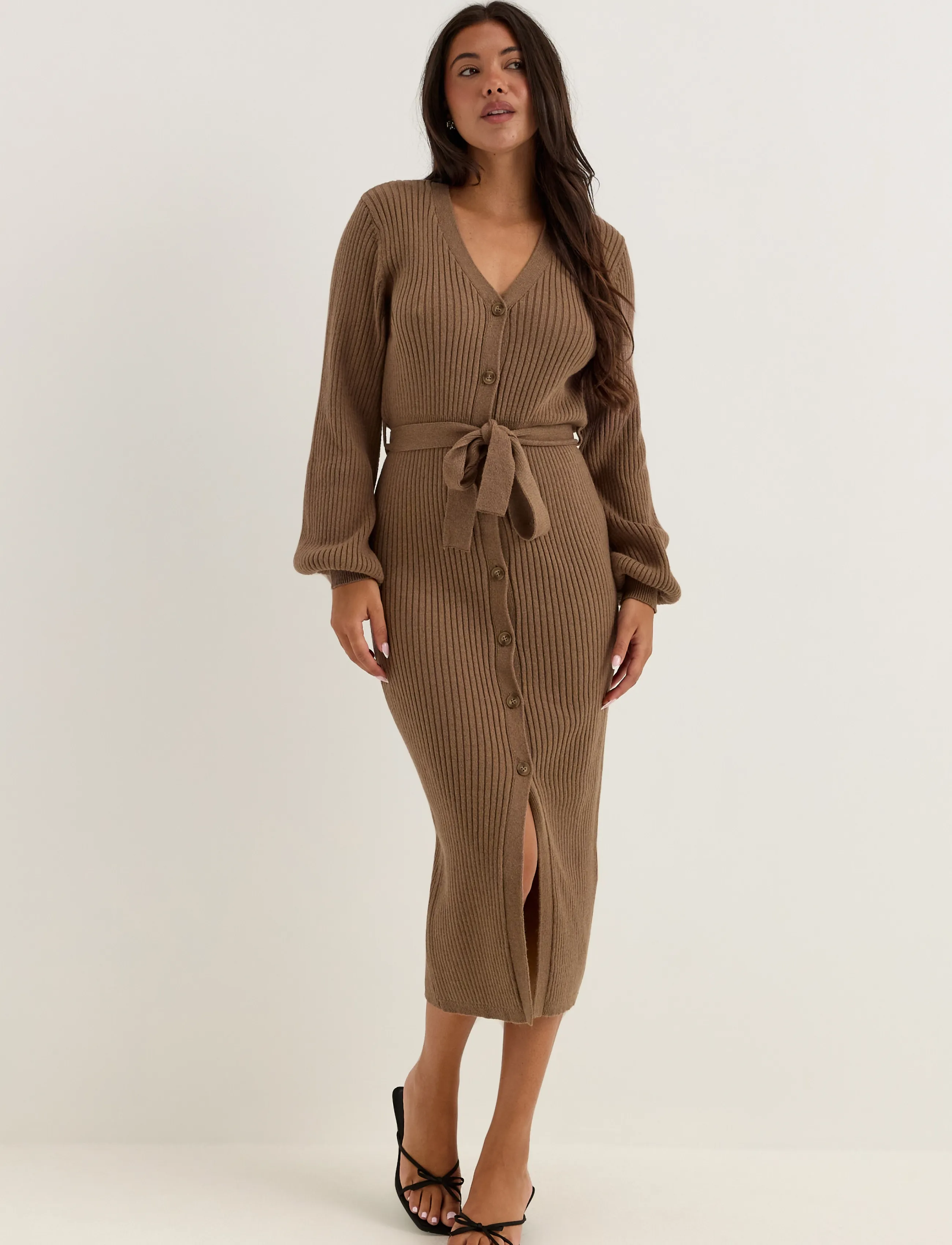Bubbleroom Rib Knitted Cardigan Dress - Bubbleroom - LIGHT BROWN / brown