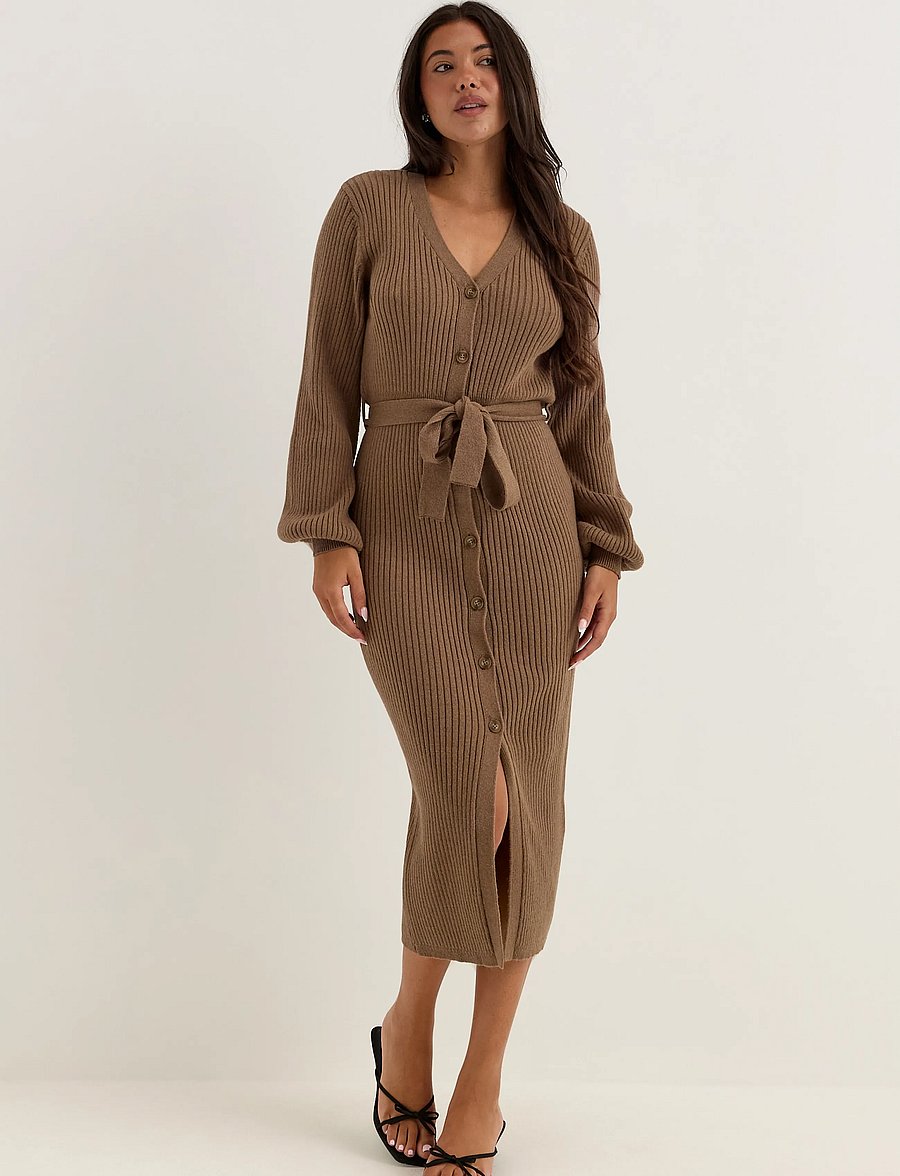 Bubbleroom - Rib Knitted Cardigan Dress - stickade klänningar - light brown - 0
