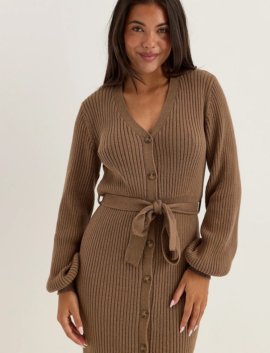 Bubbleroom - Rib Knitted Cardigan Dress - stickade klänningar - light brown - 4