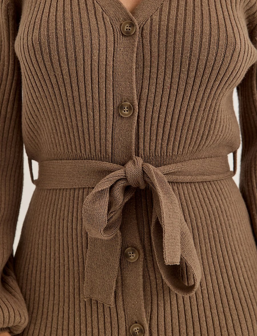 Bubbleroom - Rib Knitted Cardigan Dress - stickade klänningar - light brown - 5