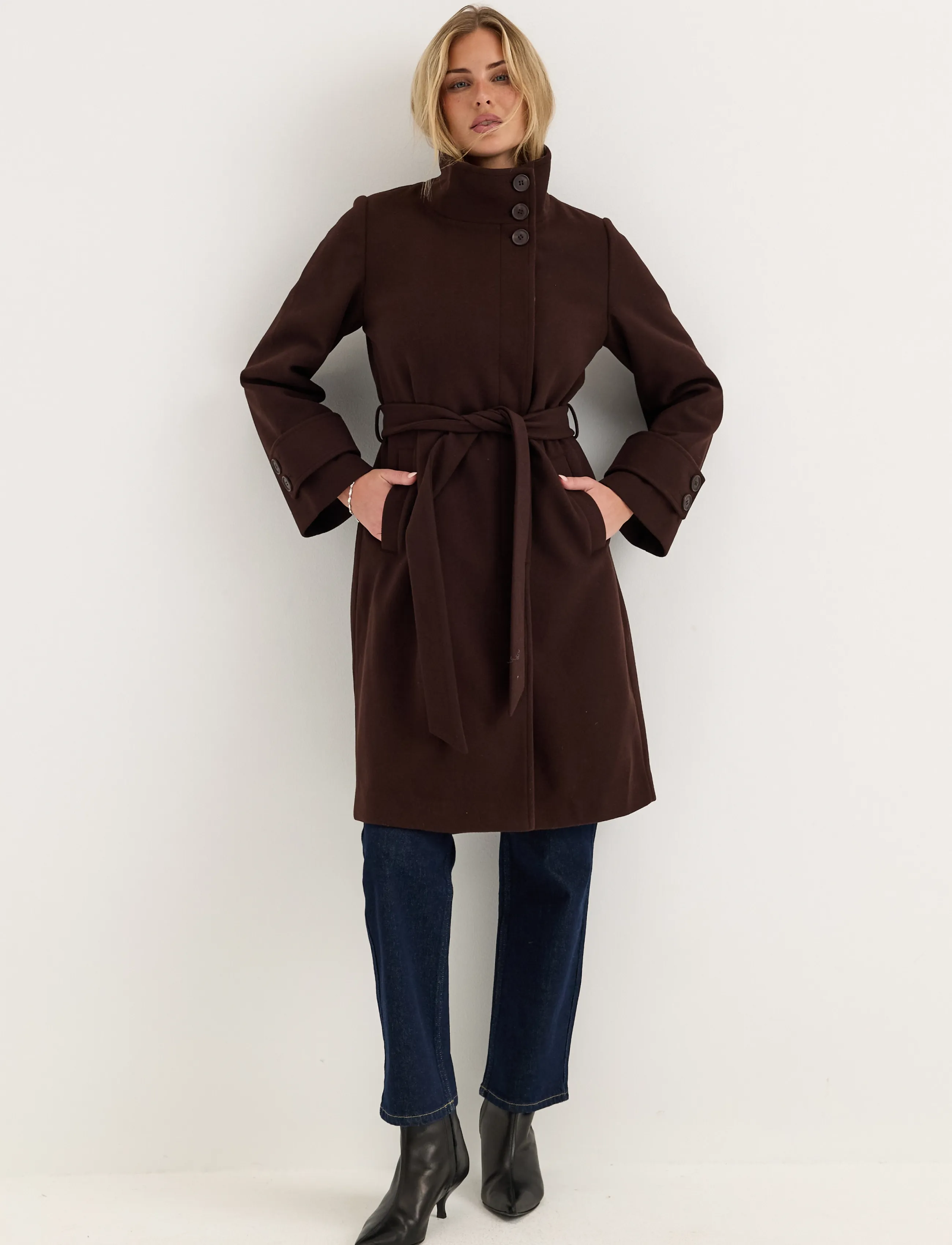 Bubbleroom High Neck Midi Coat - Mäntel - DARK BROWN / brown