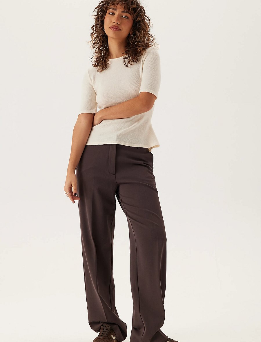 Bubbleroom - Straight High Waist Suit Trousers - kostymbyxor - brown - 0